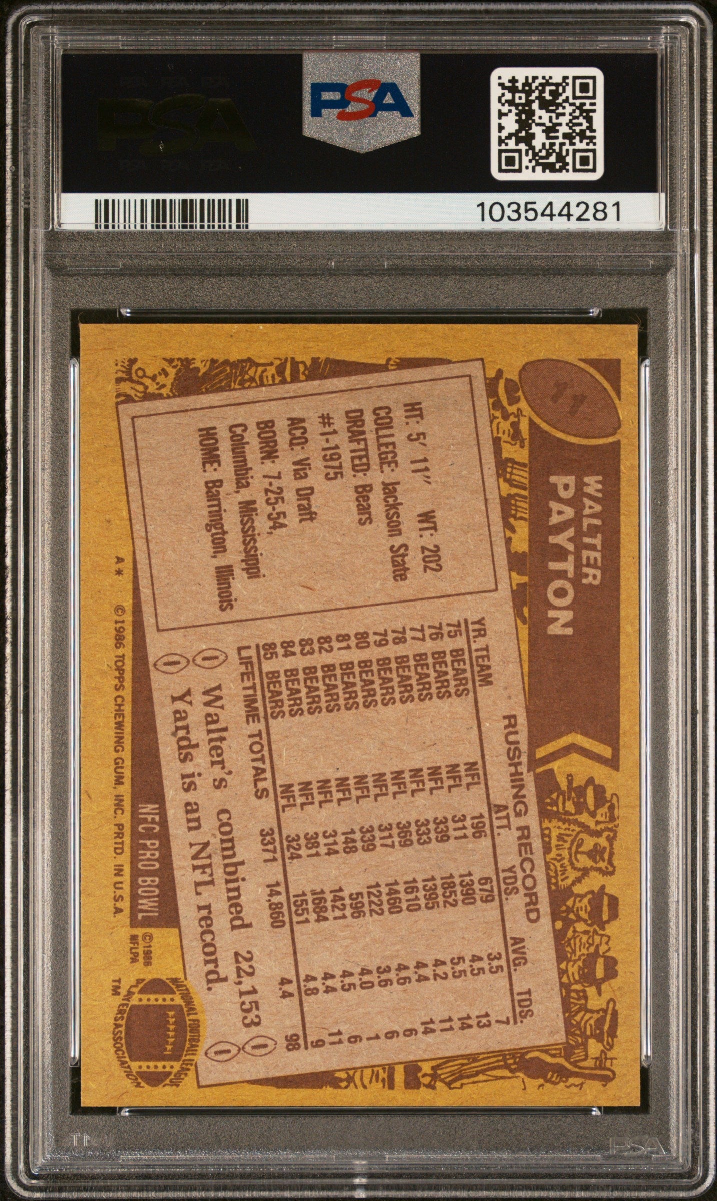 1986 Topps Walter Payton #11 PSA 8