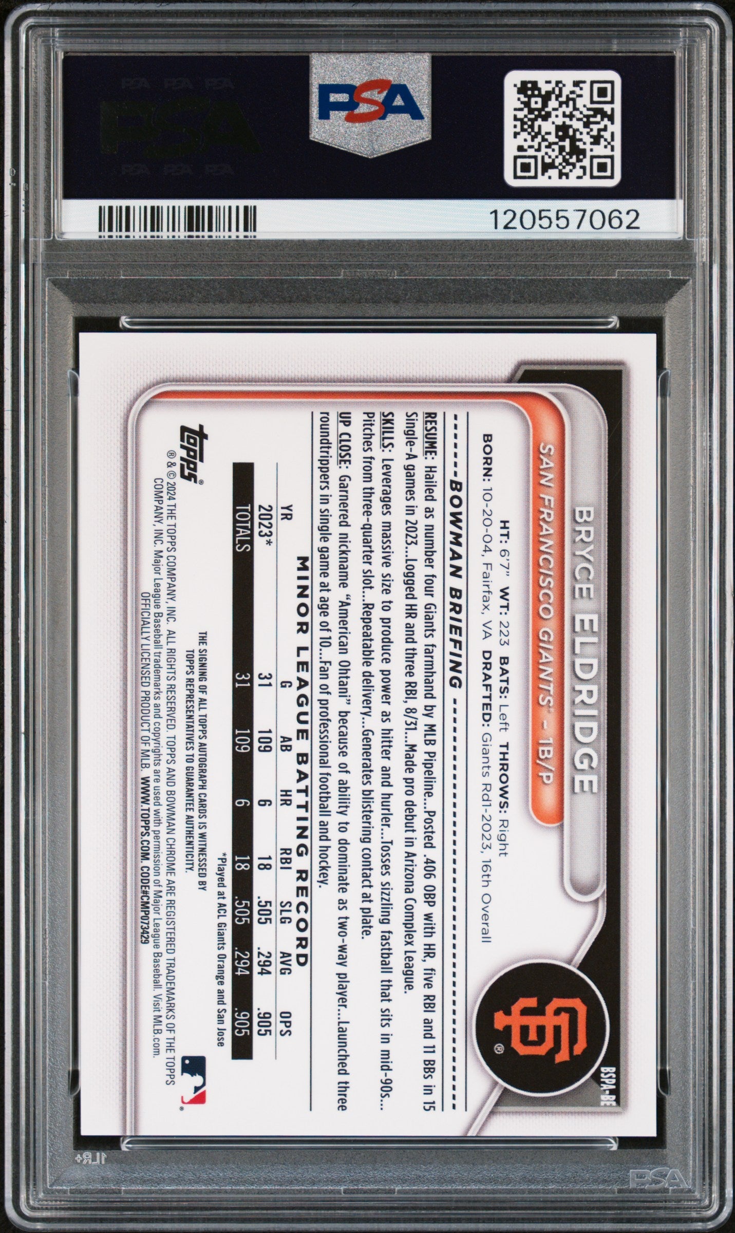2024 Bowman Chrome Prospects Sapphire Autographs Bryce Eldridge #BE PSA 10