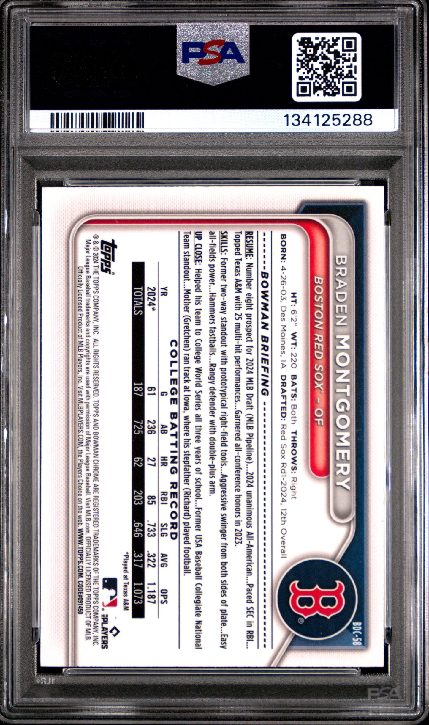 2024 Bowman Draft Braden Montgomery #BDC58 Chrome PSA 10