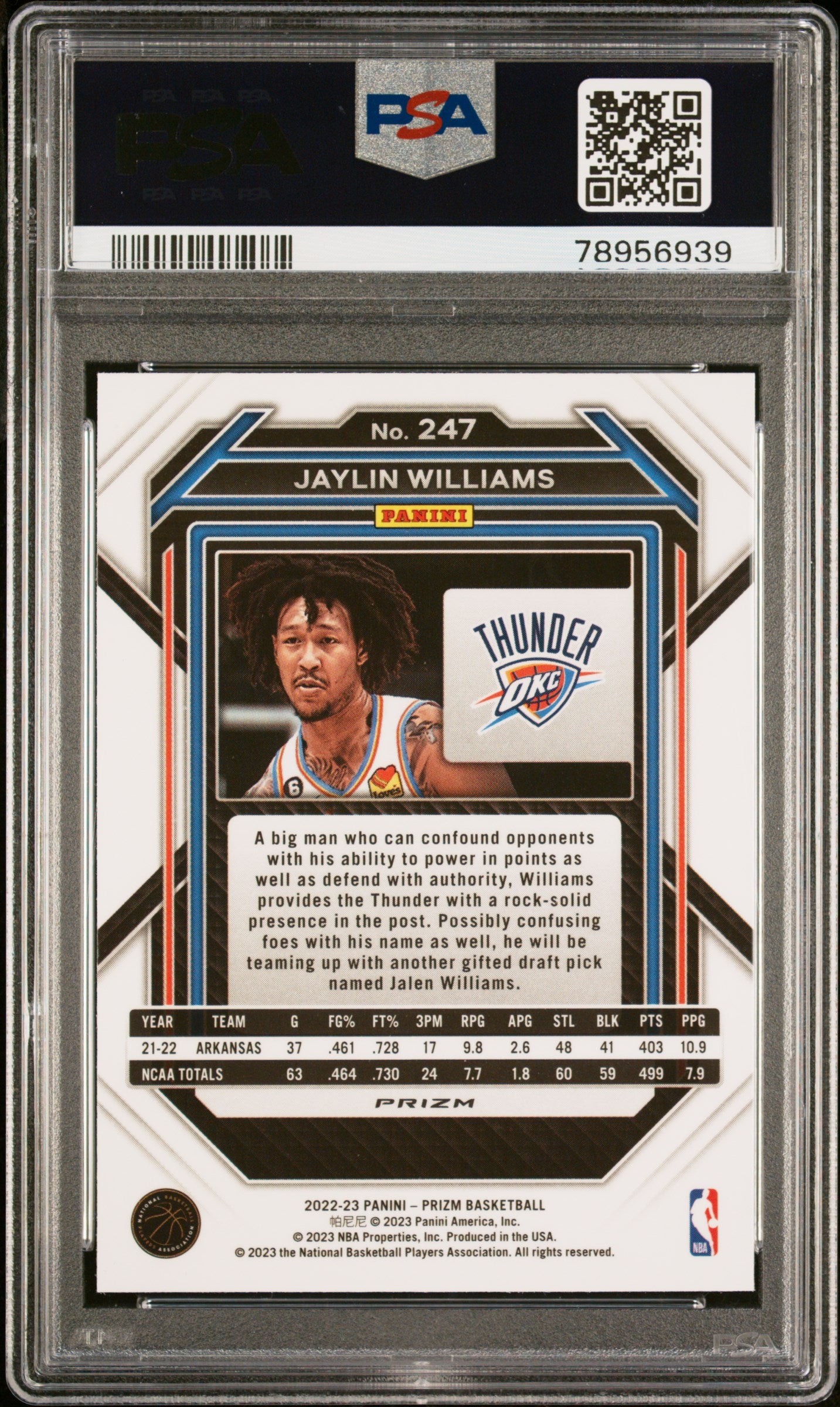 2022 Panini Prizm Jaylin Williams #247 Silver RC PSA 9