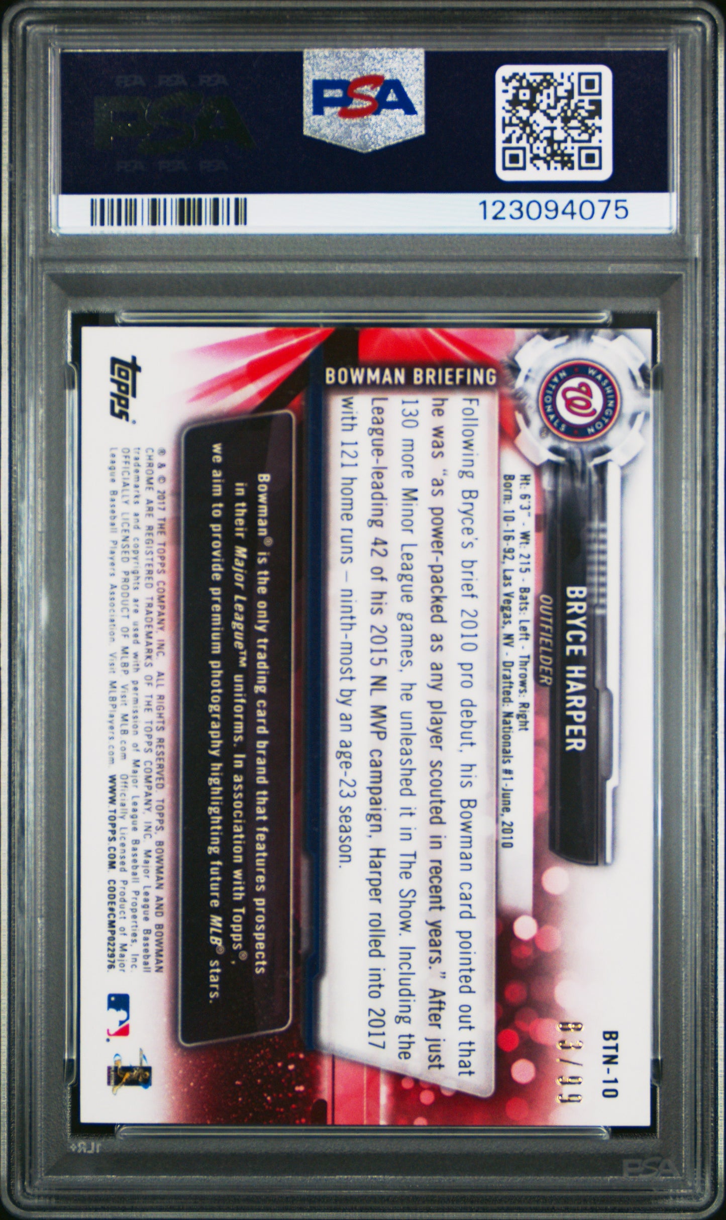 2017 Topps Chrome Bowman Chrome Then & Now Bryce Harper #10 Green 83/99 PSA 10