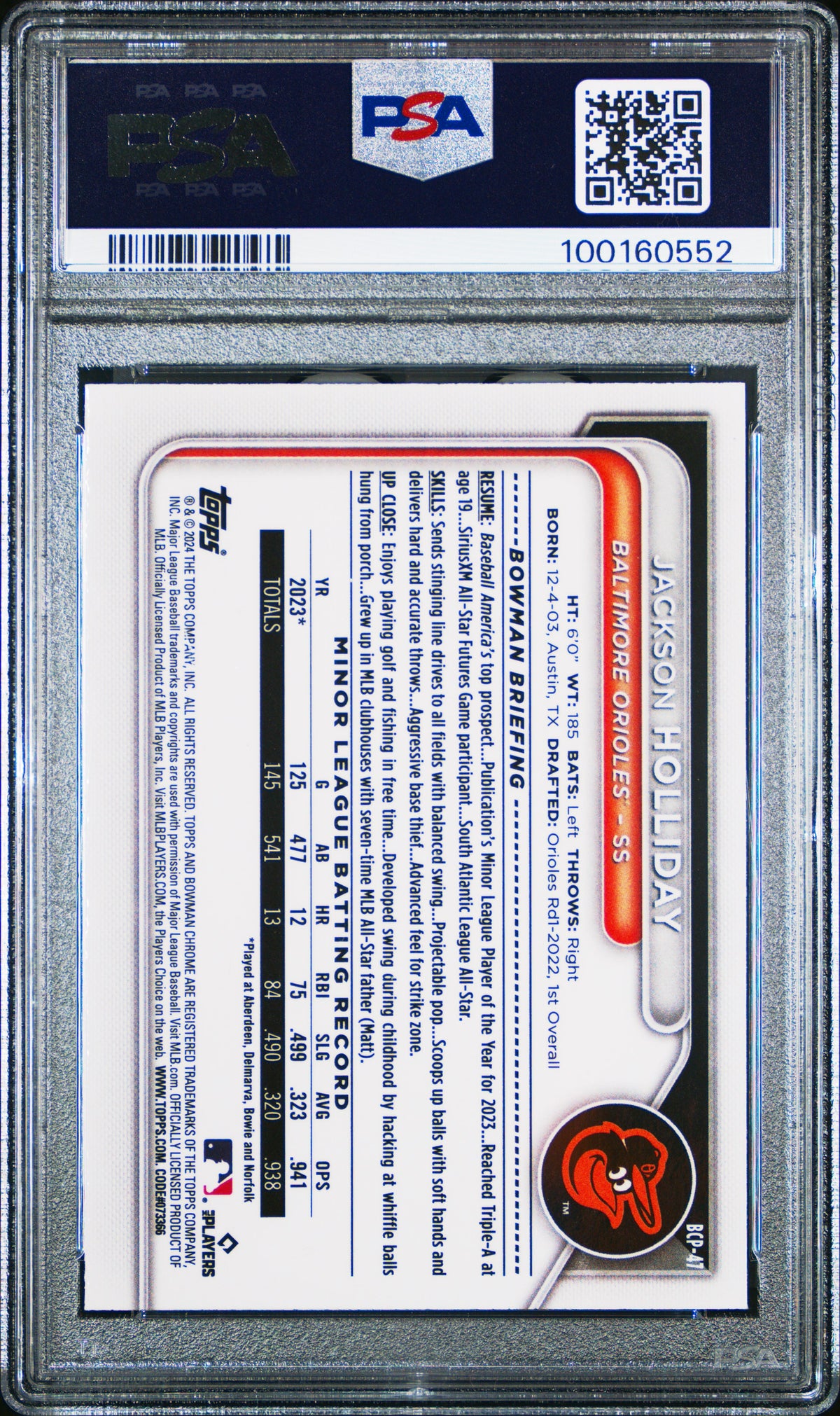 2024 Bowman Mega Box Chrome Prospect Jackson Holliday #47 Fuchsia 116/299 PSA 10