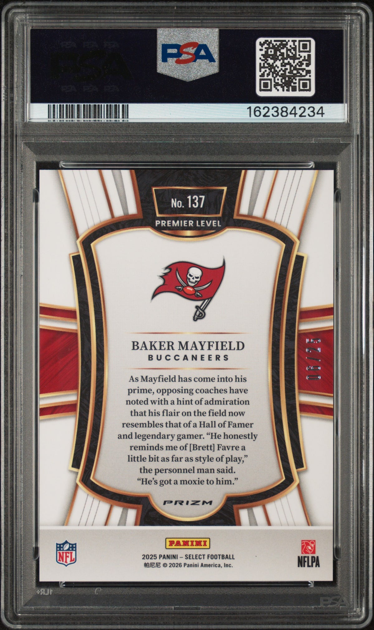 2025 Panini Select Baker Mayfield #137 Blue Disco 6/25 Jersey Match PSA 10