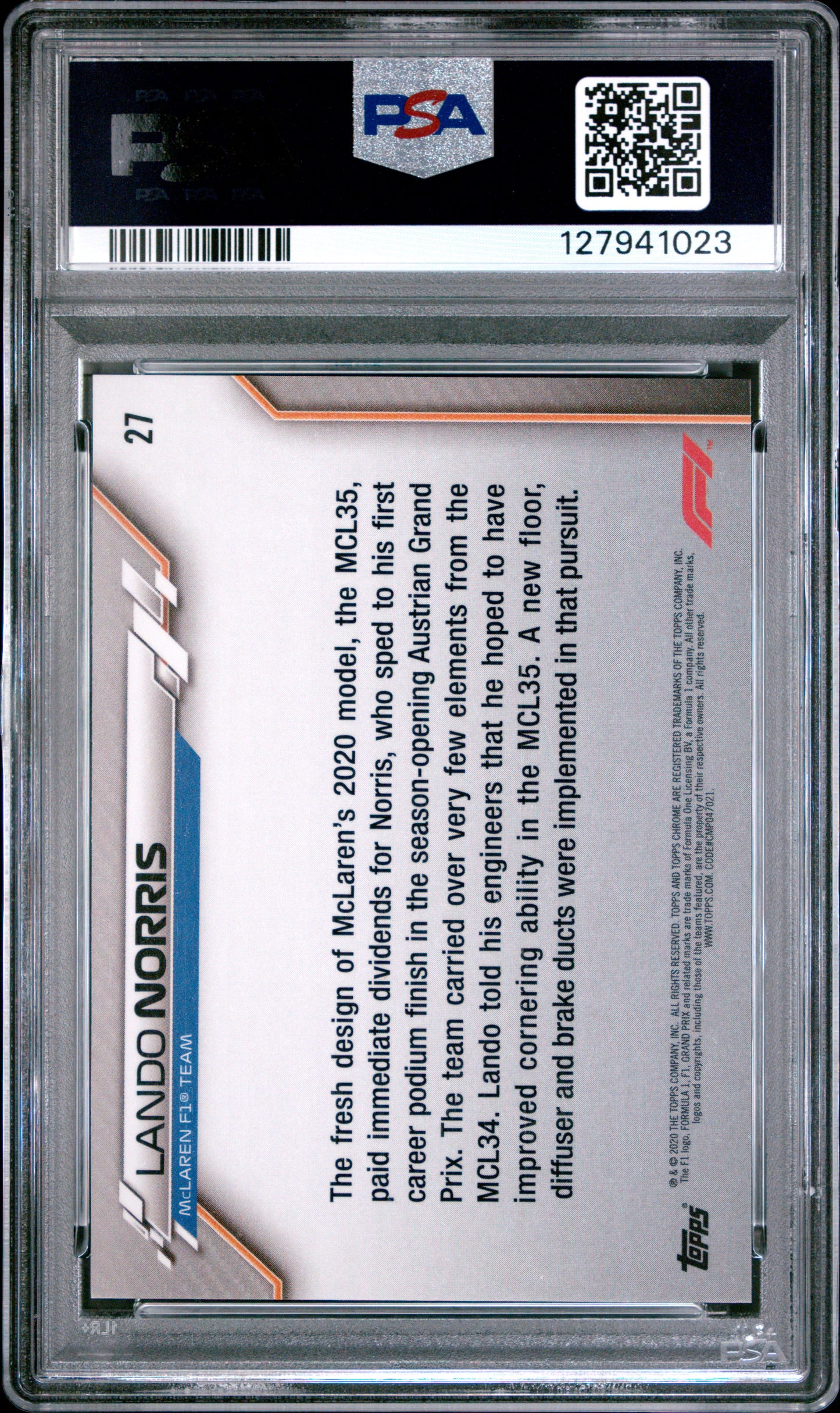 2020 Topps Chrome Formula 1 Sapphire Edition Lando Norris #27 PSA 10