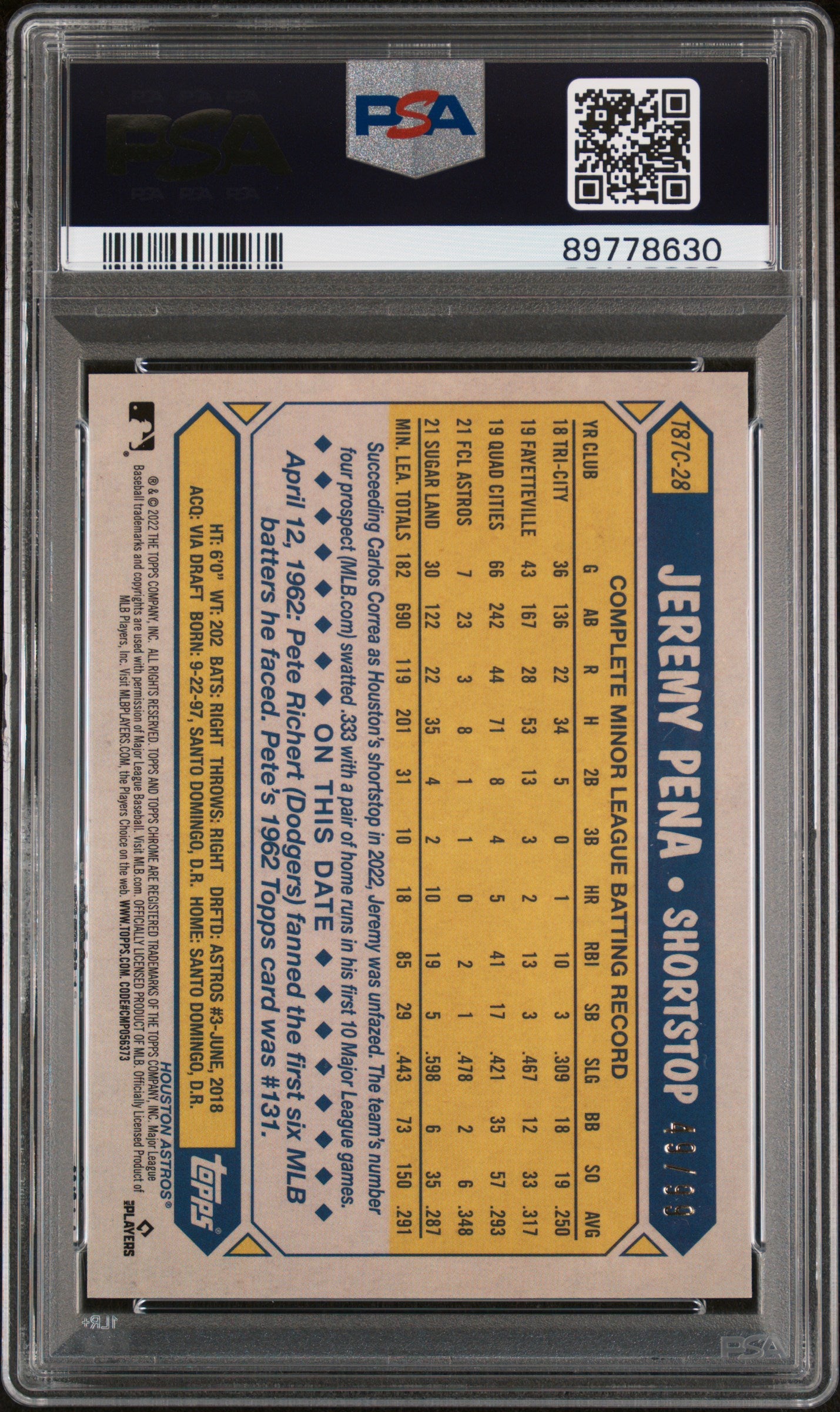 2022 Topps 1987 Chrome Promo Jeremy Pena #T87C28 Green Refractor 49/99 PSA 9