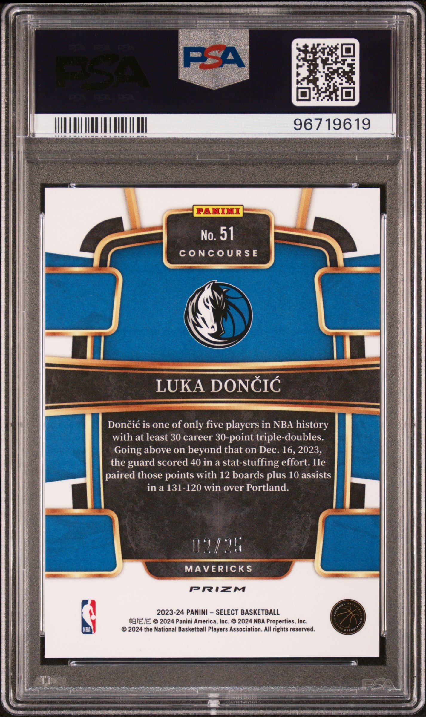 2023 Panini Select Luka Doncic #51 Blue Disco 02/25 PSA 10