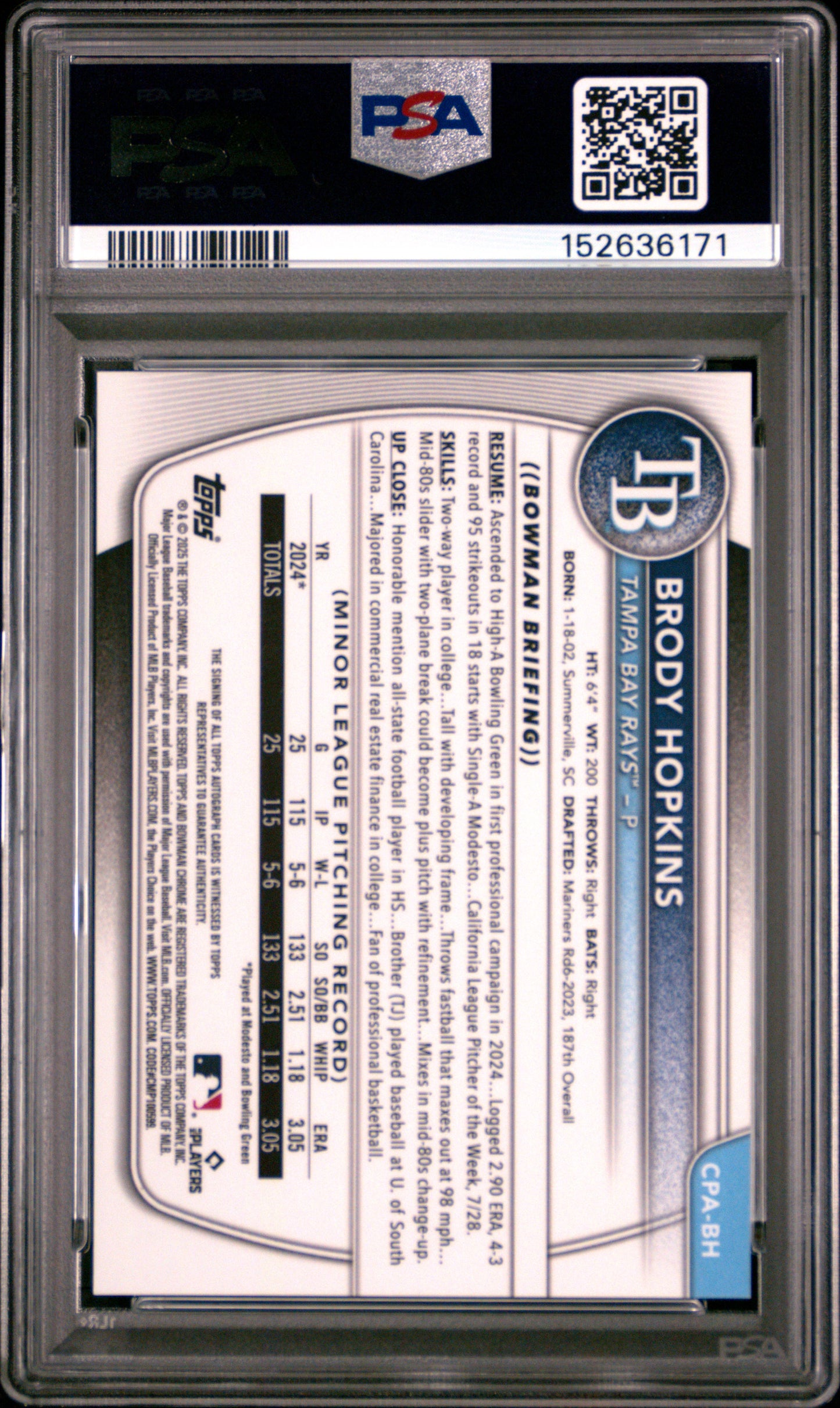 2025 Bowman Chrome Prospect Autographs Brody Hopkins #CPABH Green 95/99 PSA 9