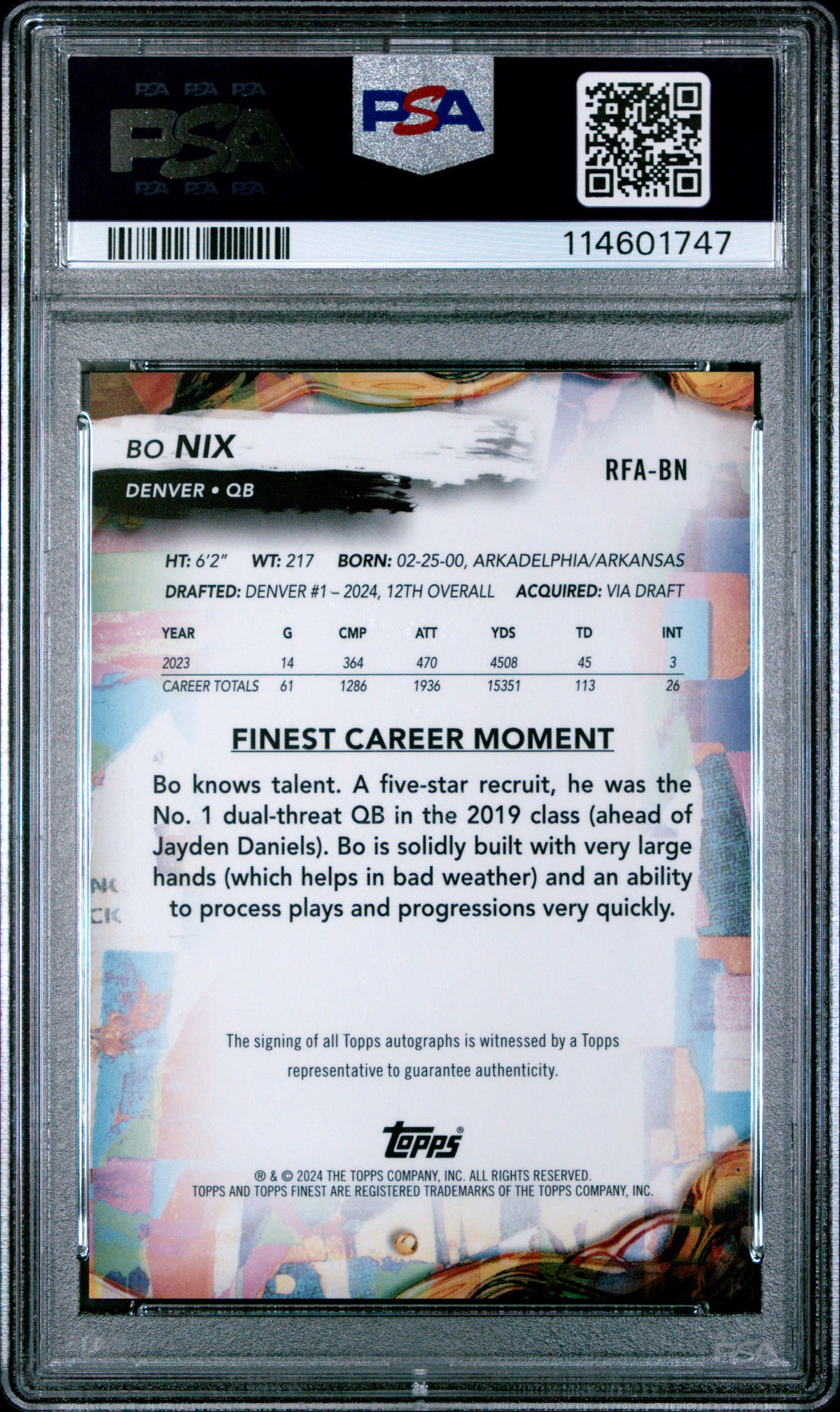 2024 Topps Finest Rookie Finest Autographs Bo Nix #RFABN PSA 9