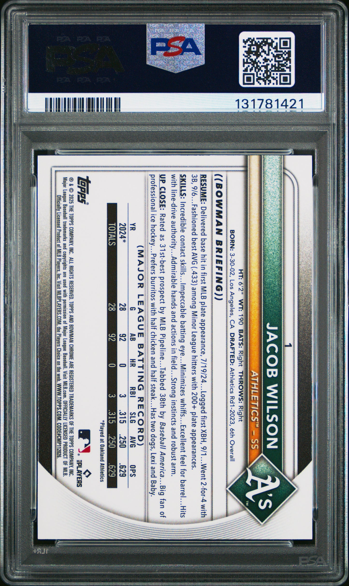 2025 Bowman Chrome Jacob Wilson #1 Aqua Geometric 115/125 PSA 9