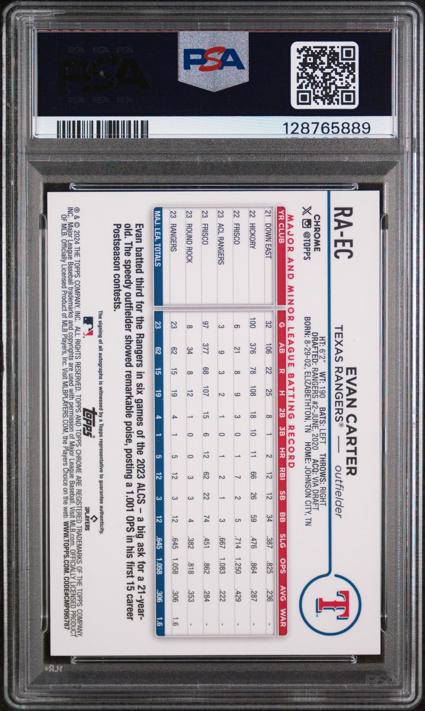 2024 Topps Chrome Rookie Autographs Evan Carter Blue Green Lava 031/175 PSA 10