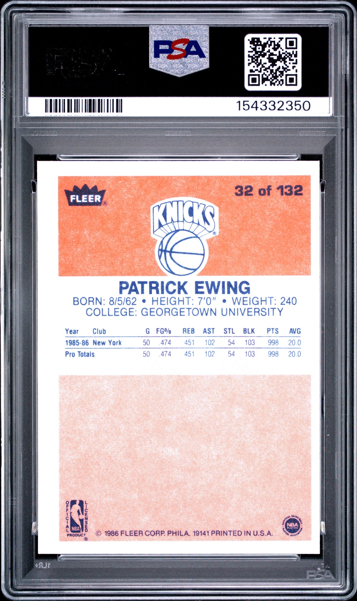 1986 Fleer Patrick Ewing #32 PSA 8