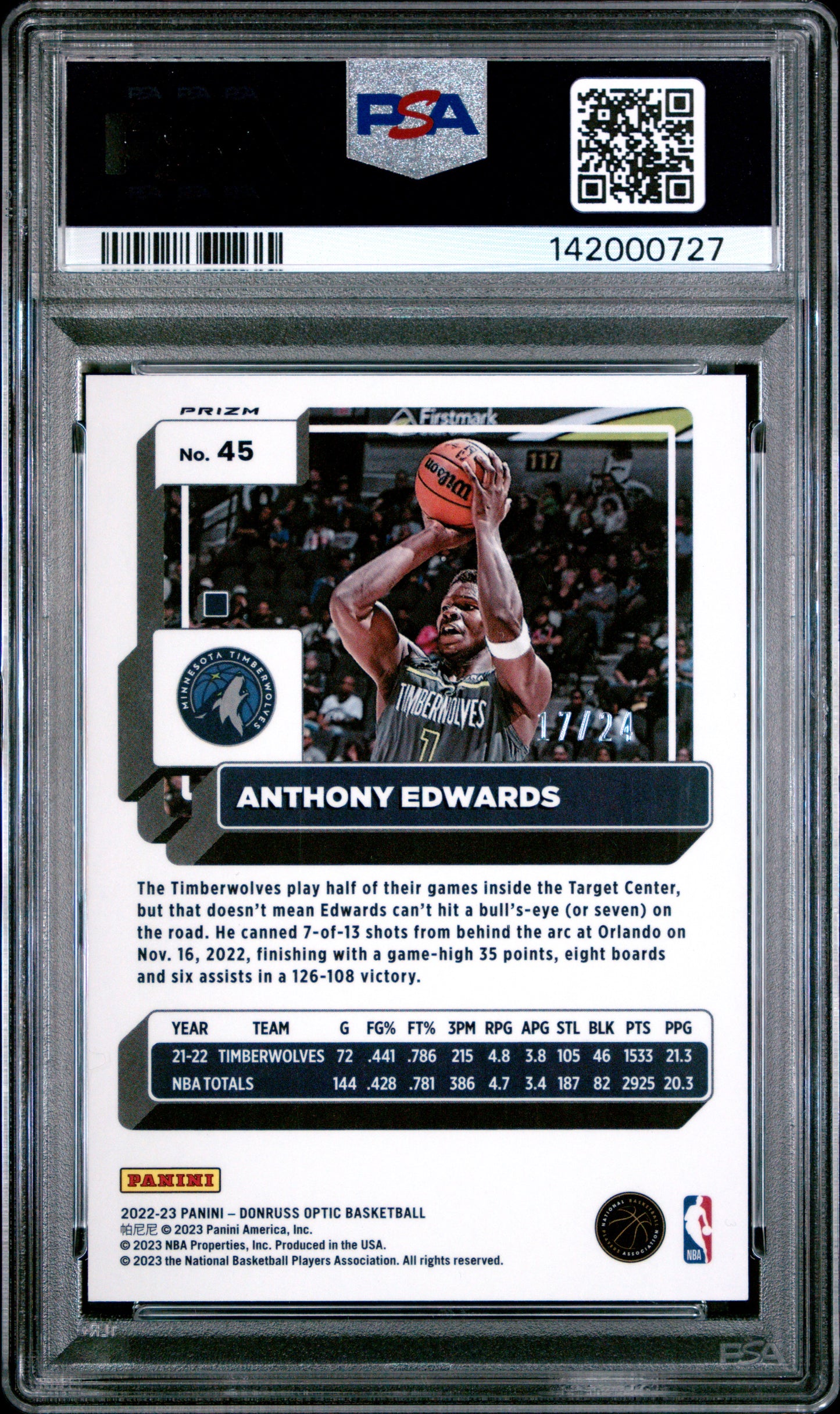 2022 Panini Donruss Optic Anthony Edwards #45 Gold Sparkle PSA 10