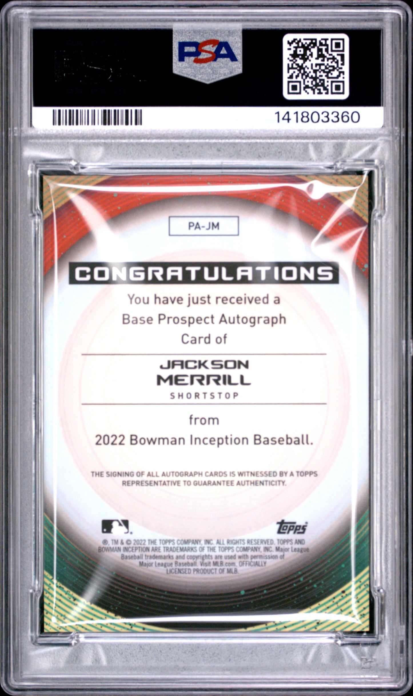 2022 Bowman Inception Prospect Auto Jackson Merrill #PAJM Blue Foil 56/99 PSA 10