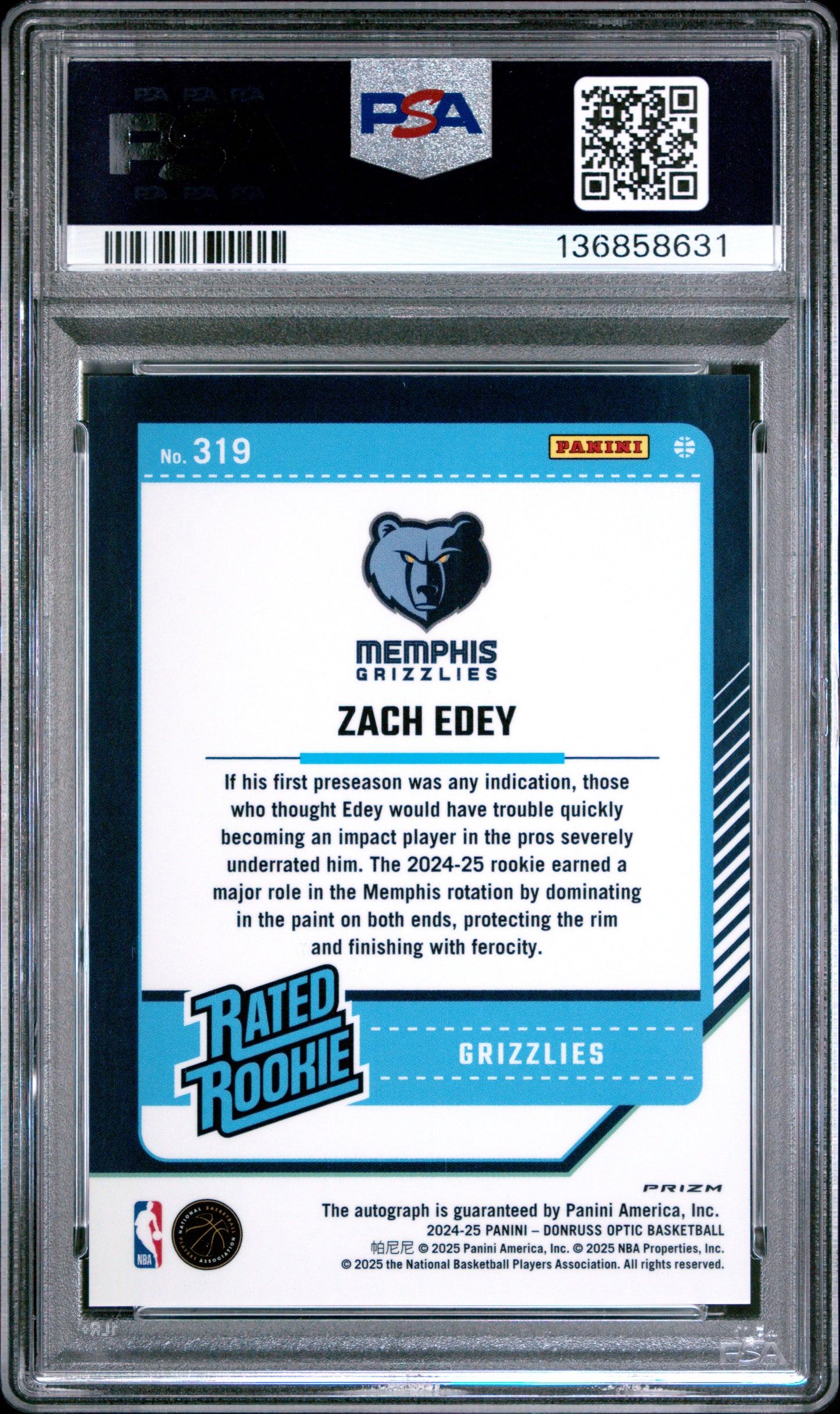 2024 Donruss Optic Rated Rookie Zach Edey #319 Signature Choice PSA 10