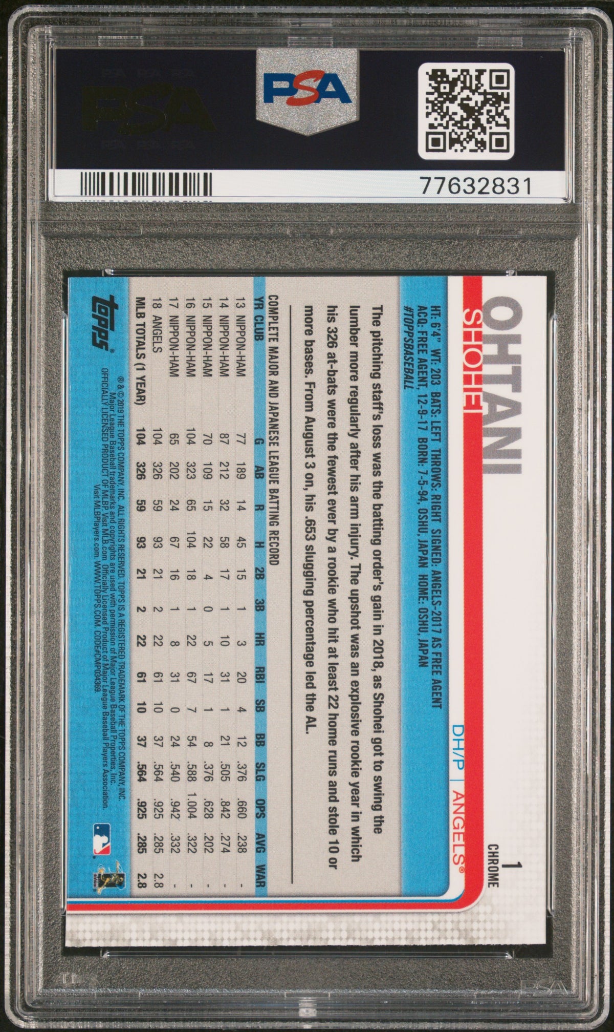 2019 Topps Chrome Shohei Ohtani #1 PSA 10