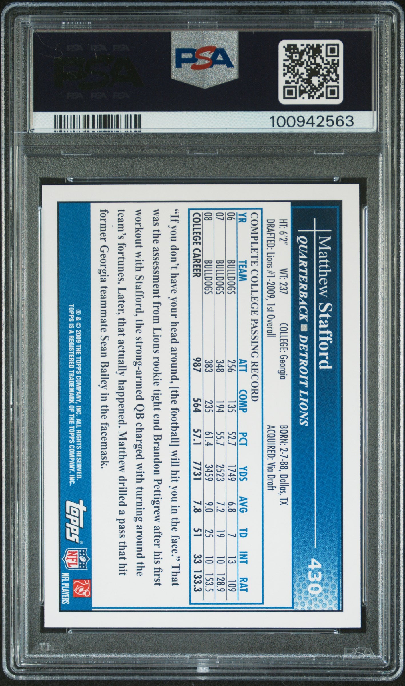 2009 Topps Matthew Stafford #430 Throwing RC PSA 10