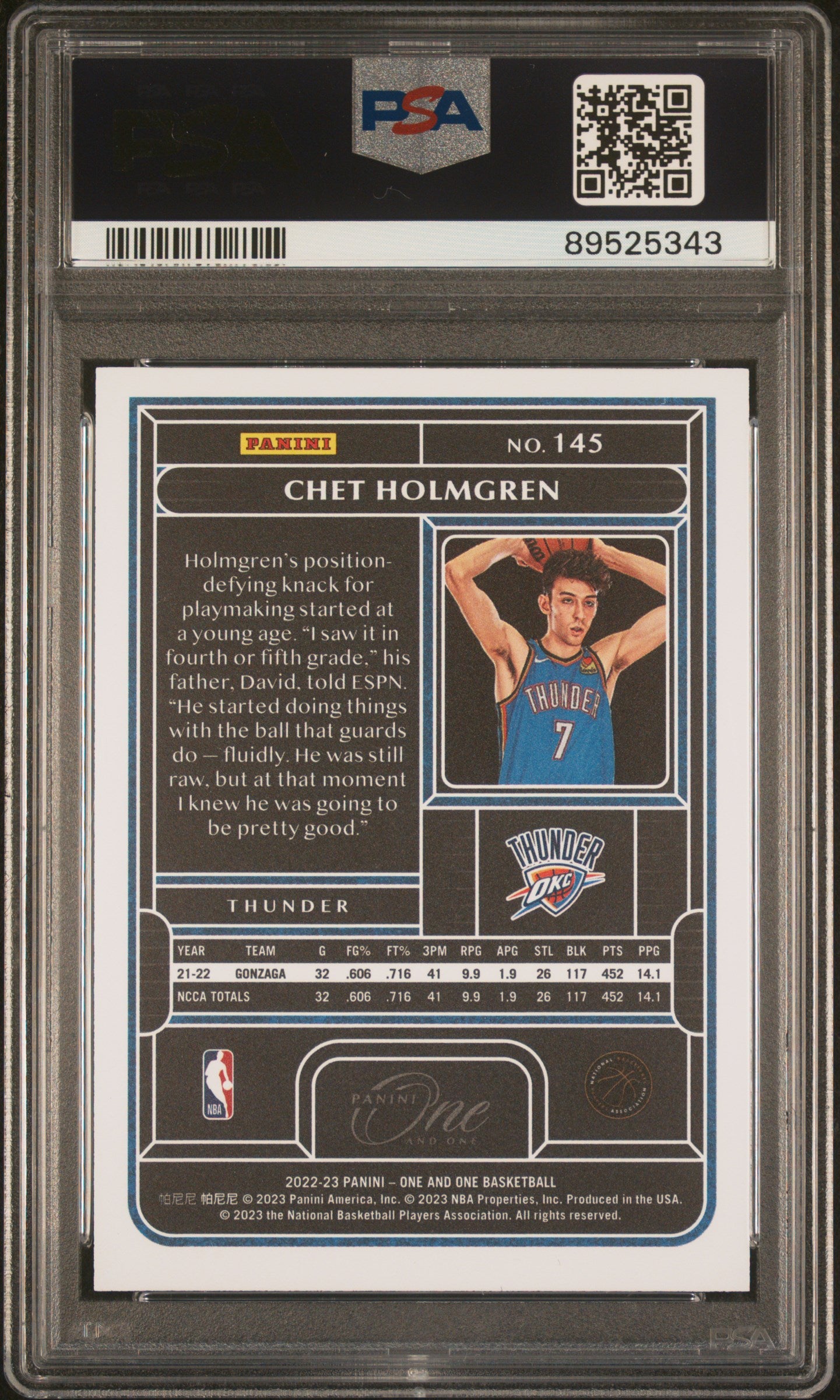 2022 Panini One And One Chet Holmgren #145 Blue RC 02/40 PSA 9