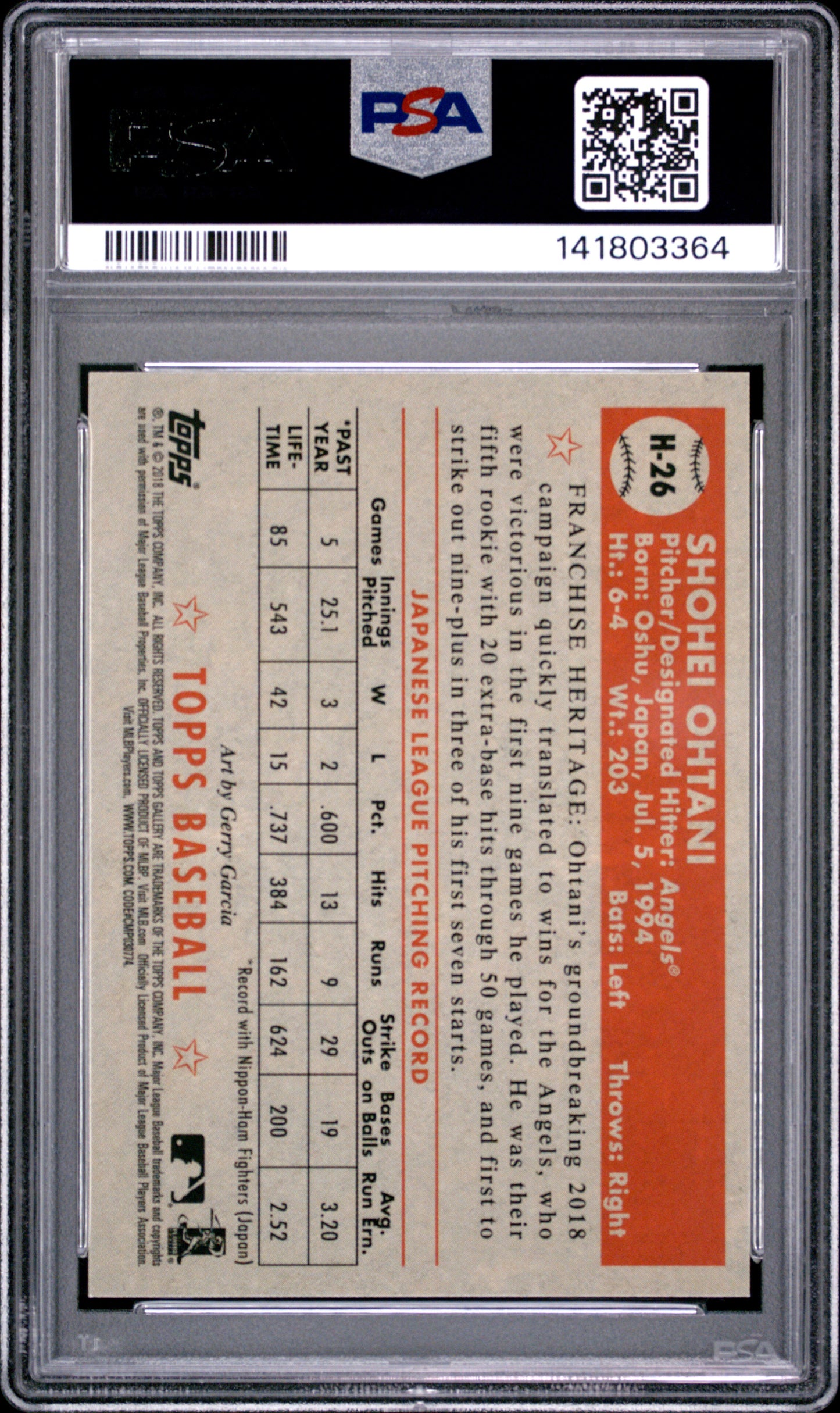 2018 Topps Gallery Heritage Shohei Ohtani #H-26 RC PSA 9