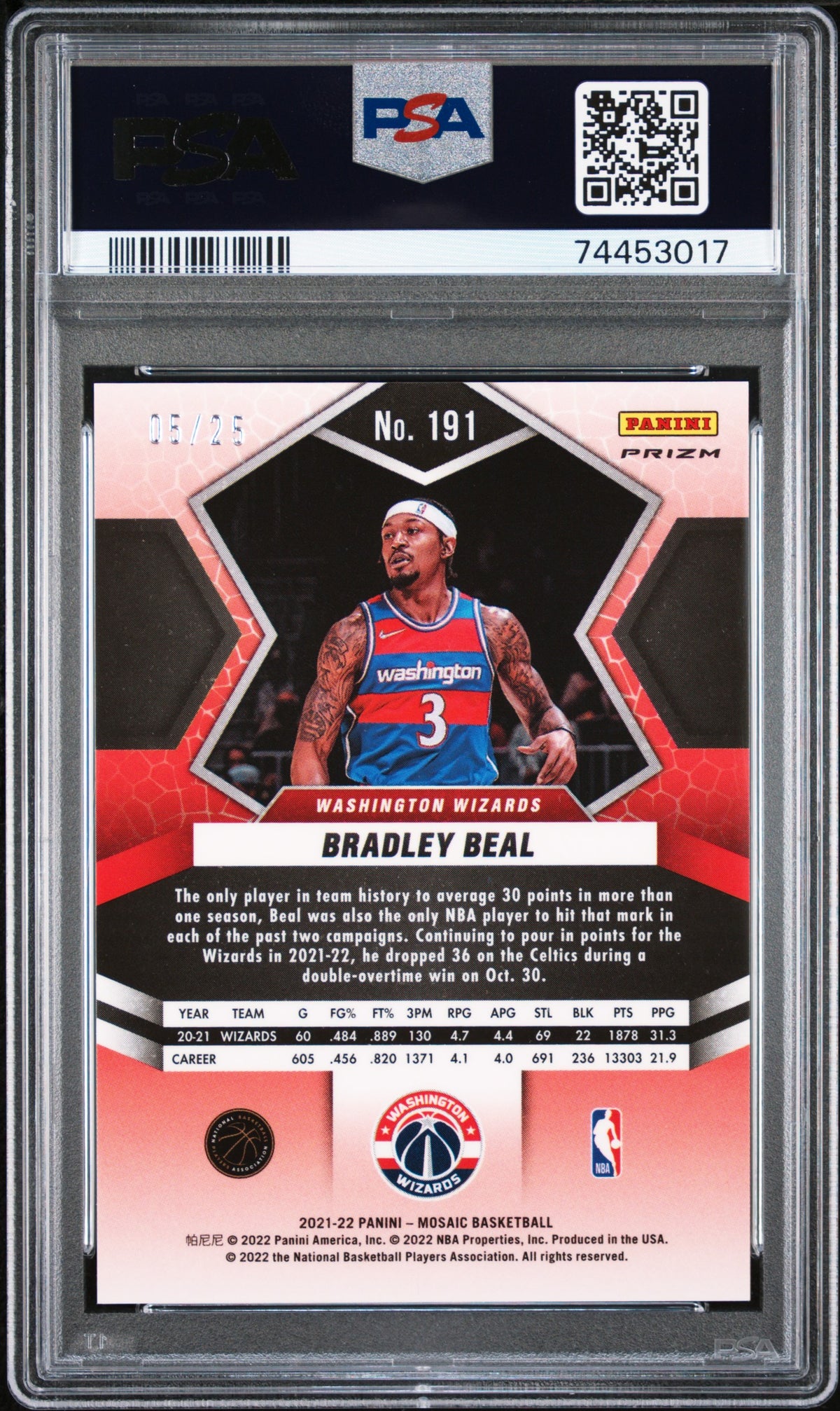 2021 Panini Mosaic Bradley Beal #191 Orange Fluorescent 05/25 PSA 9