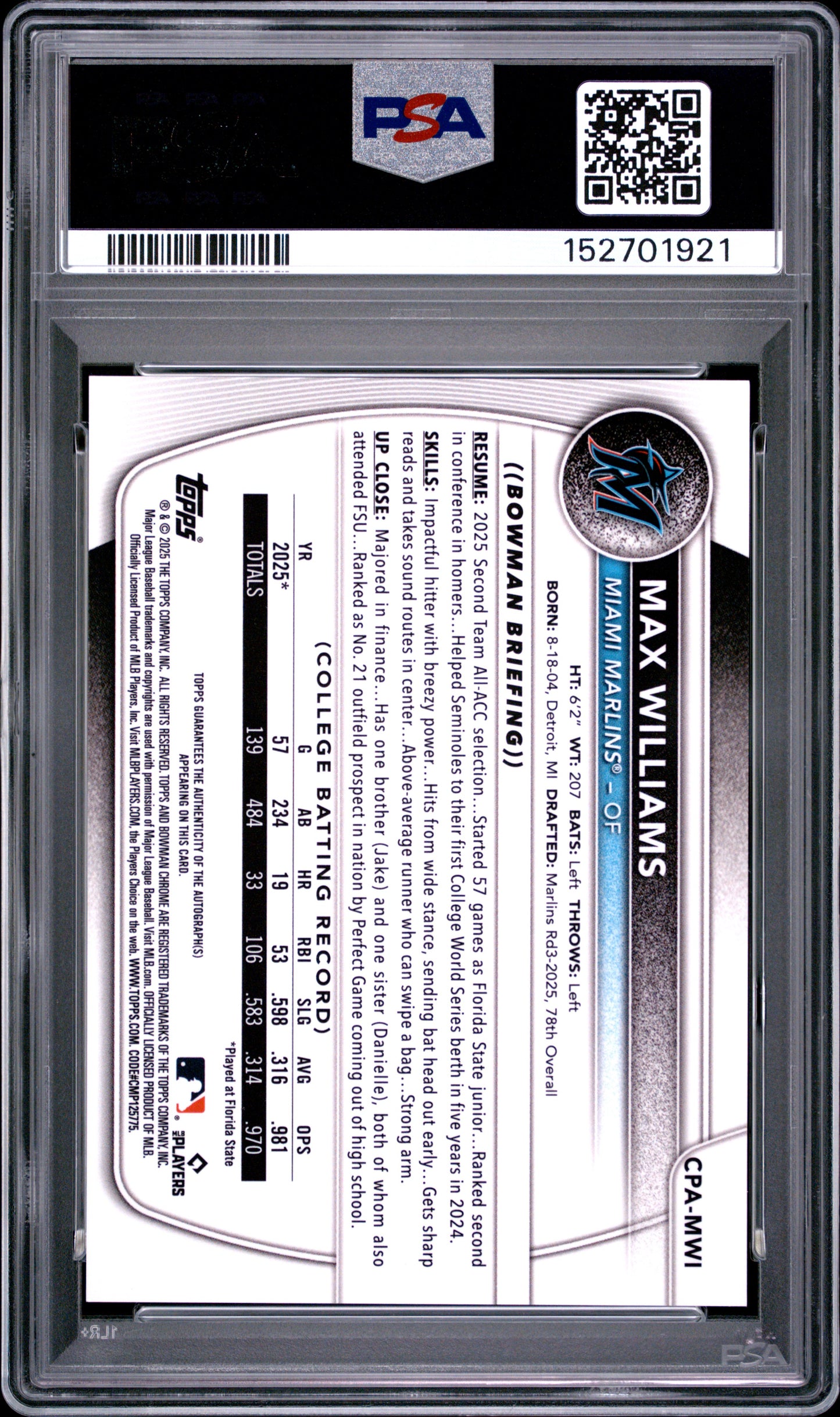2025 Bowman Chrome Prospect Autographs Max Williams #MWI Blue Wave 115/150 PSA 9