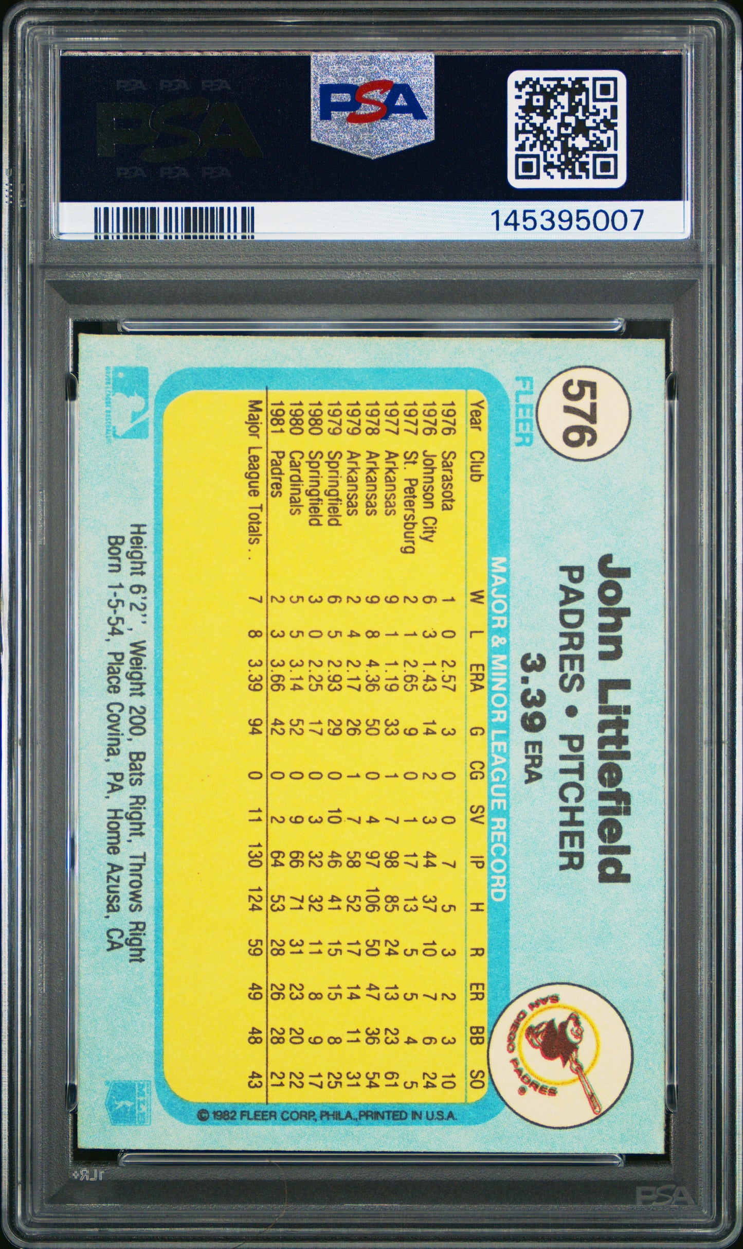 1982 Fleer John Littlefield #576 Pitching Lefty PSA 7