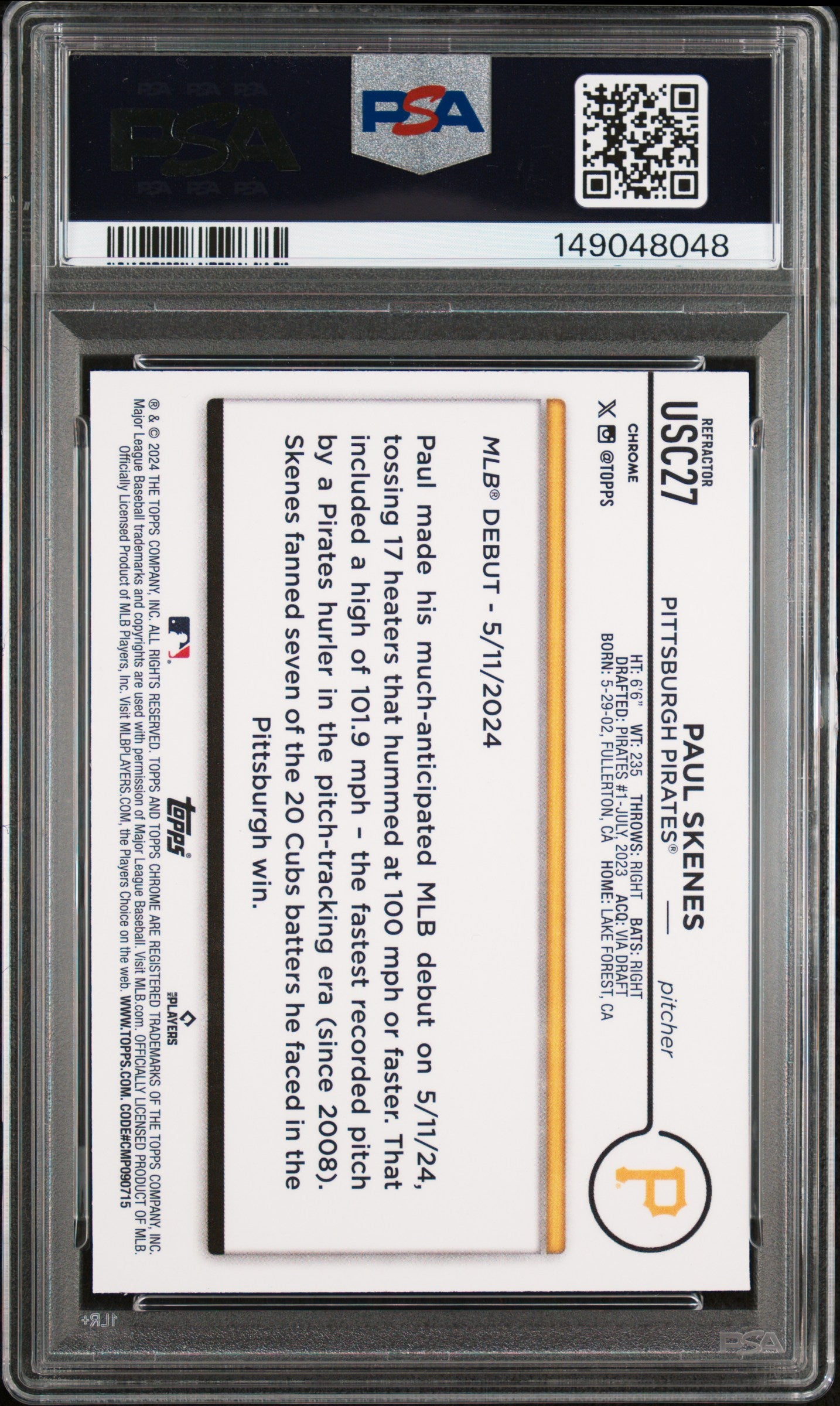 2024 Topps Chrome Update Paul Skenes #USC27 Prism Refractor PSA 9