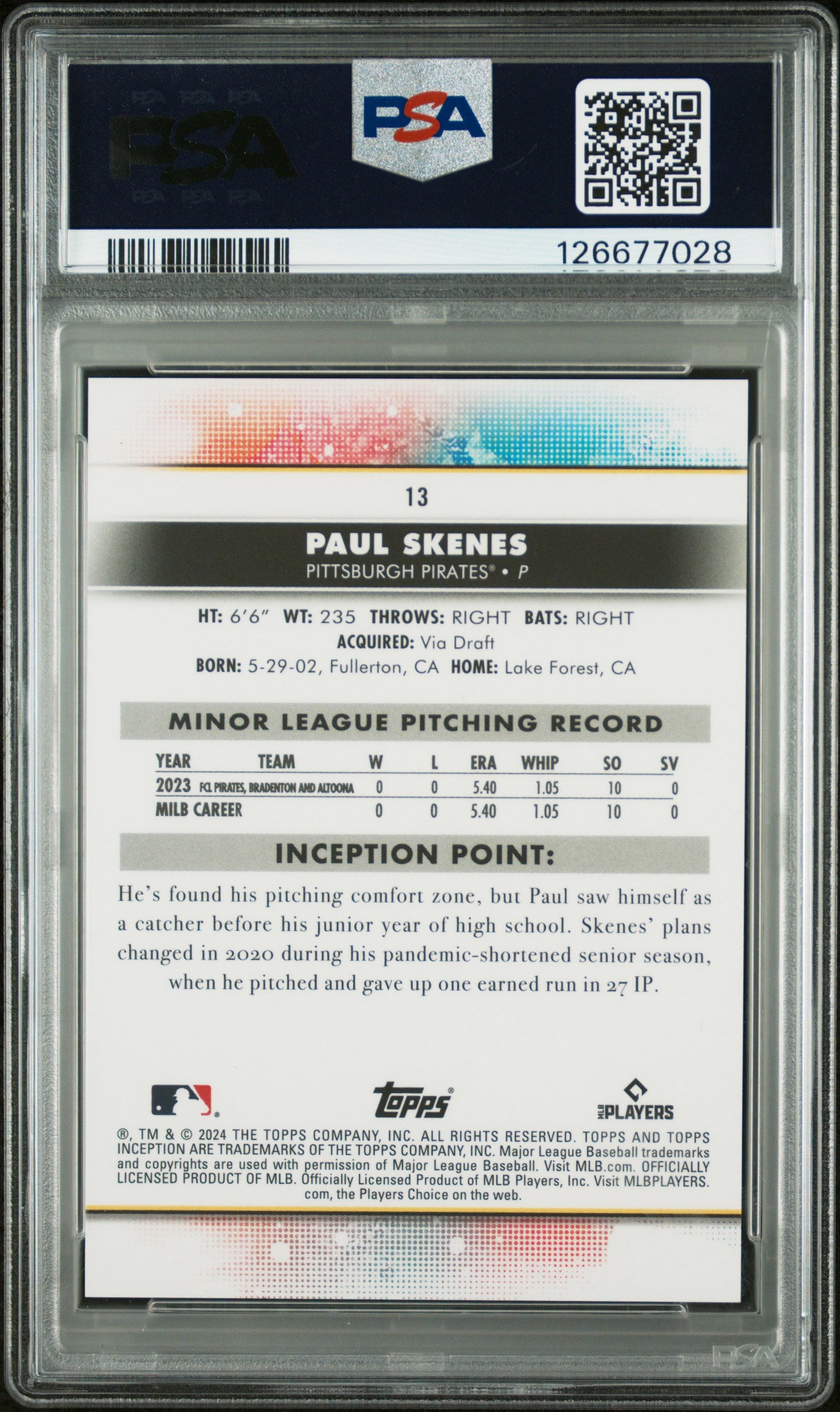 2024 Topps Inception Paul Skenes #13 PSA 10