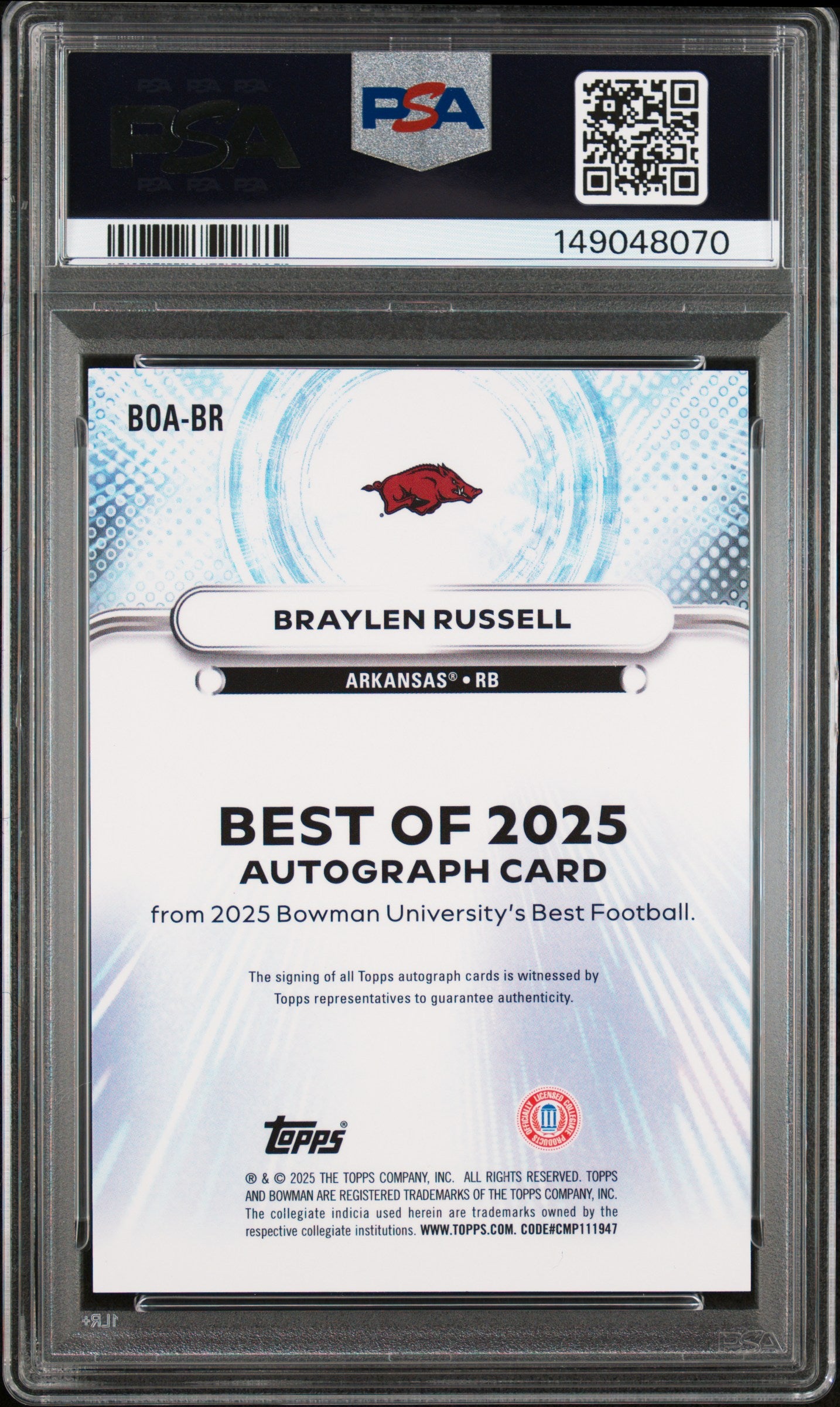 2025 Bowman U Best Of 2025 Autos Braylen Russell #BR Purple Lava 15/75 PSA 10