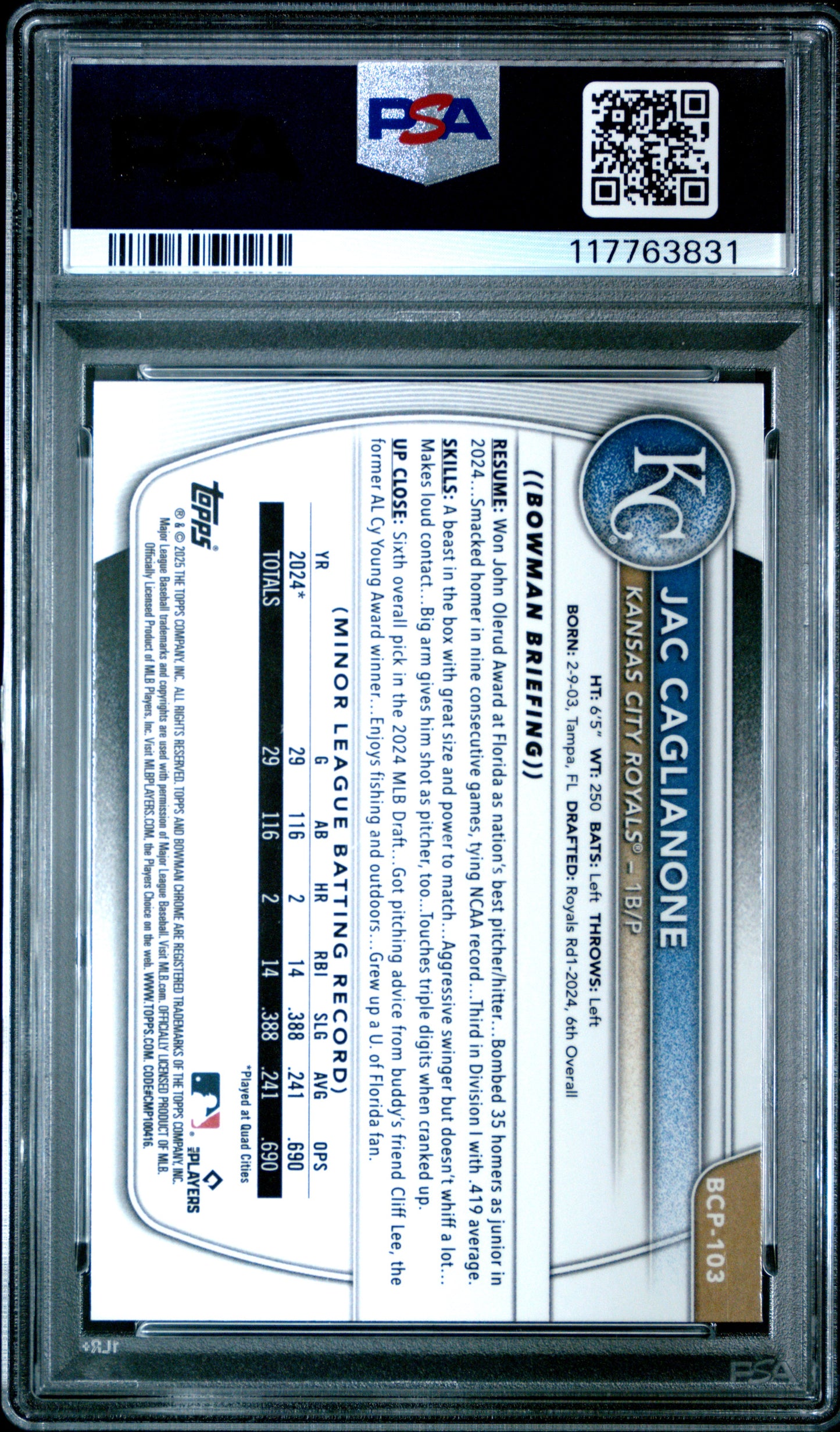 2025 Bowman Chrome Prospects Jac Caglianone #BCP103 Yellow Ref 35/75 PSA 10