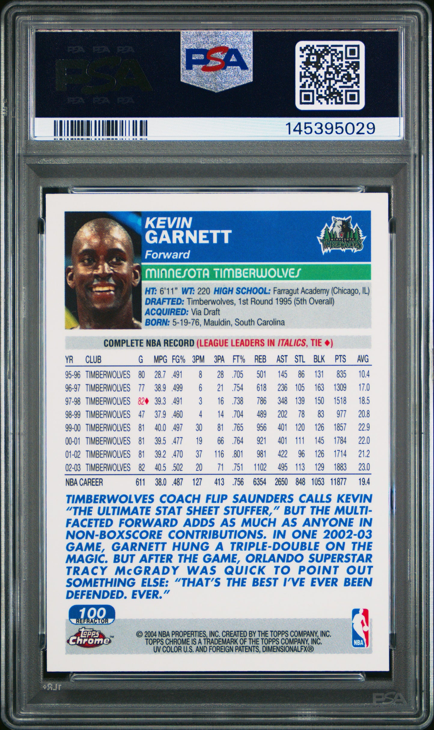 2003 Topps Chrome Kevin Garnett #100 Refractor PSA 9