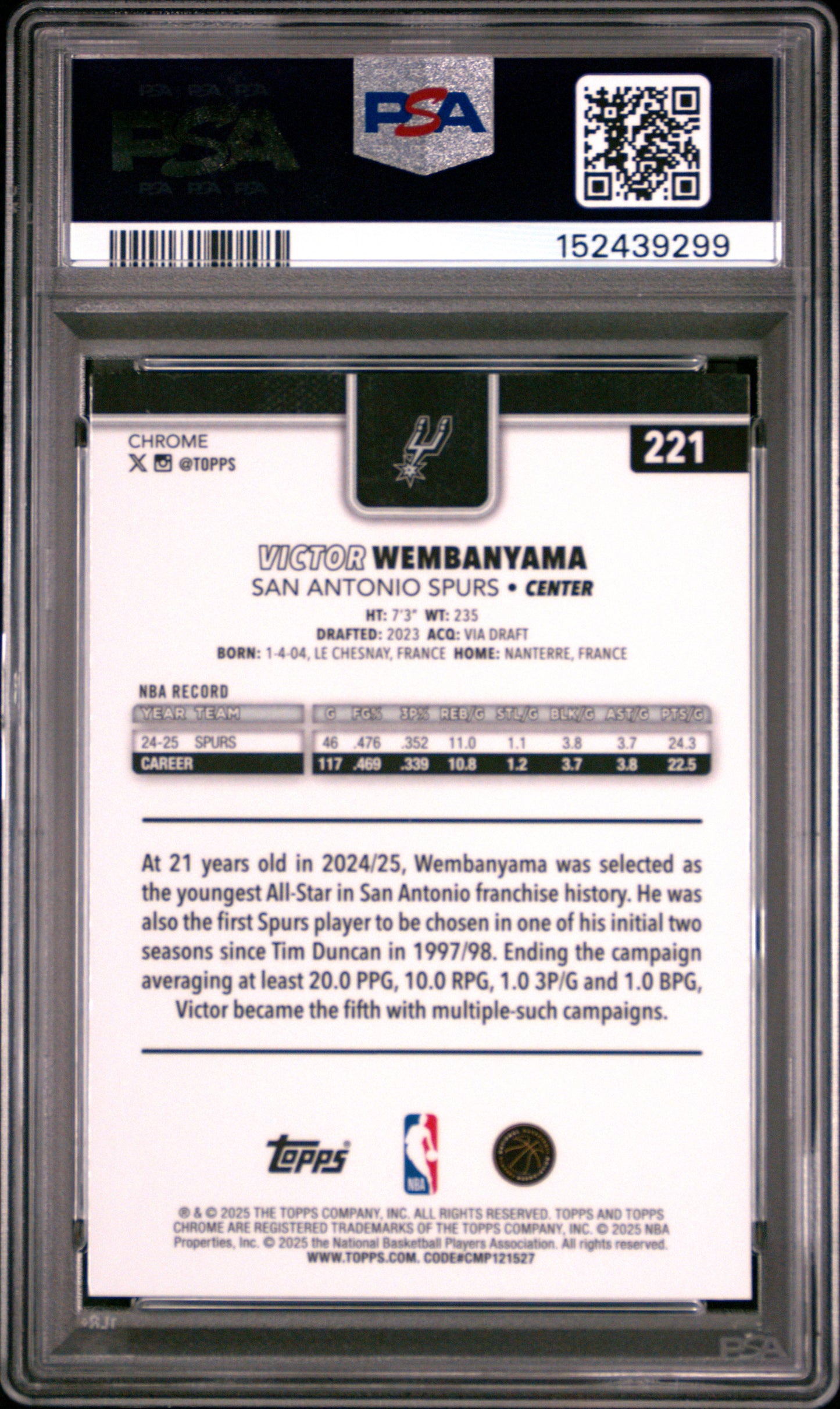 2025 Topps Chrome Victor Wembanyama #221 Red White And Blue PSA 9