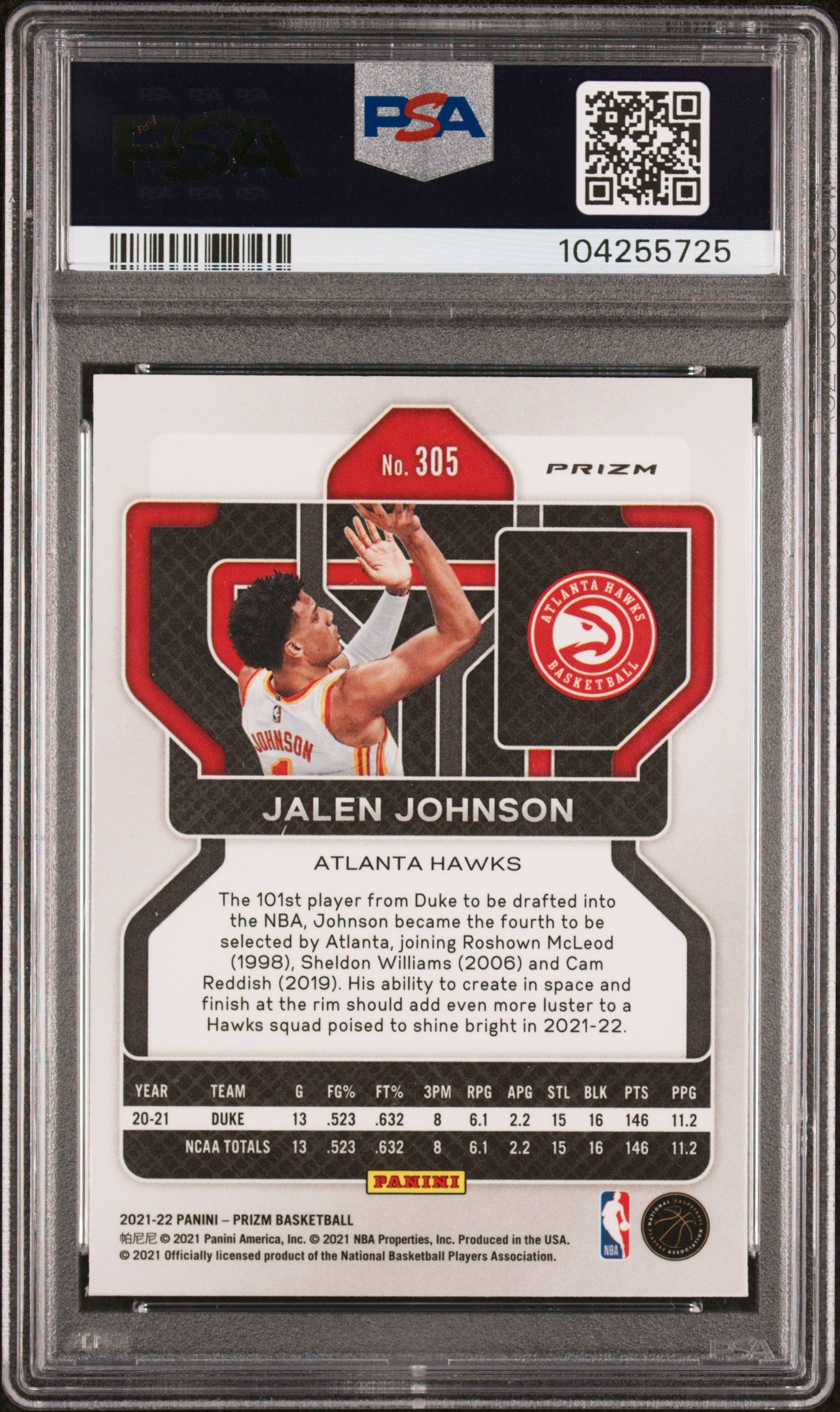 2021 Panini Prizm Jalen Johnson #305 Pink Ice RC PSA 10