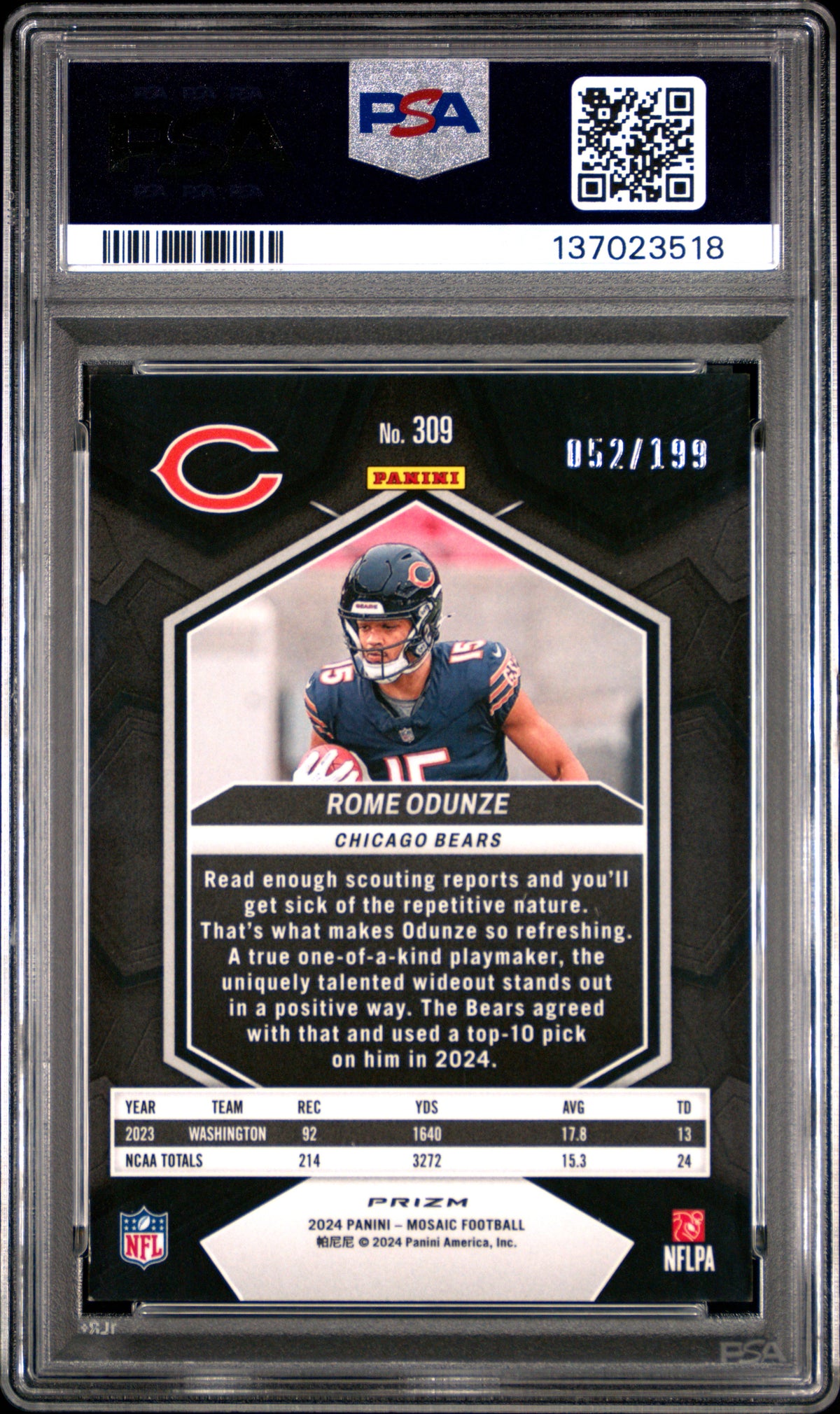 2024 Panini Mosaic Rome Odunze #309 Orange 052/199 RC PSA 9