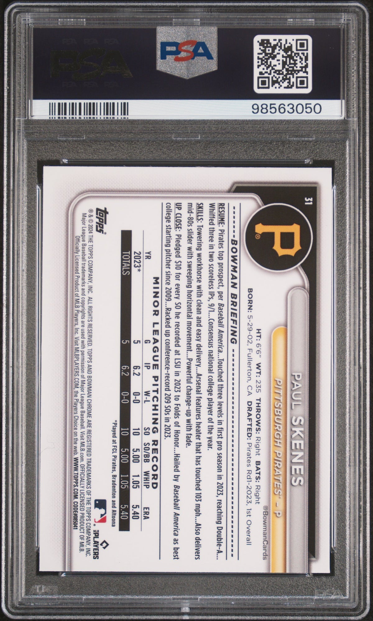 2024 Bowman Chrome Paul Skenes #31 PSA 10