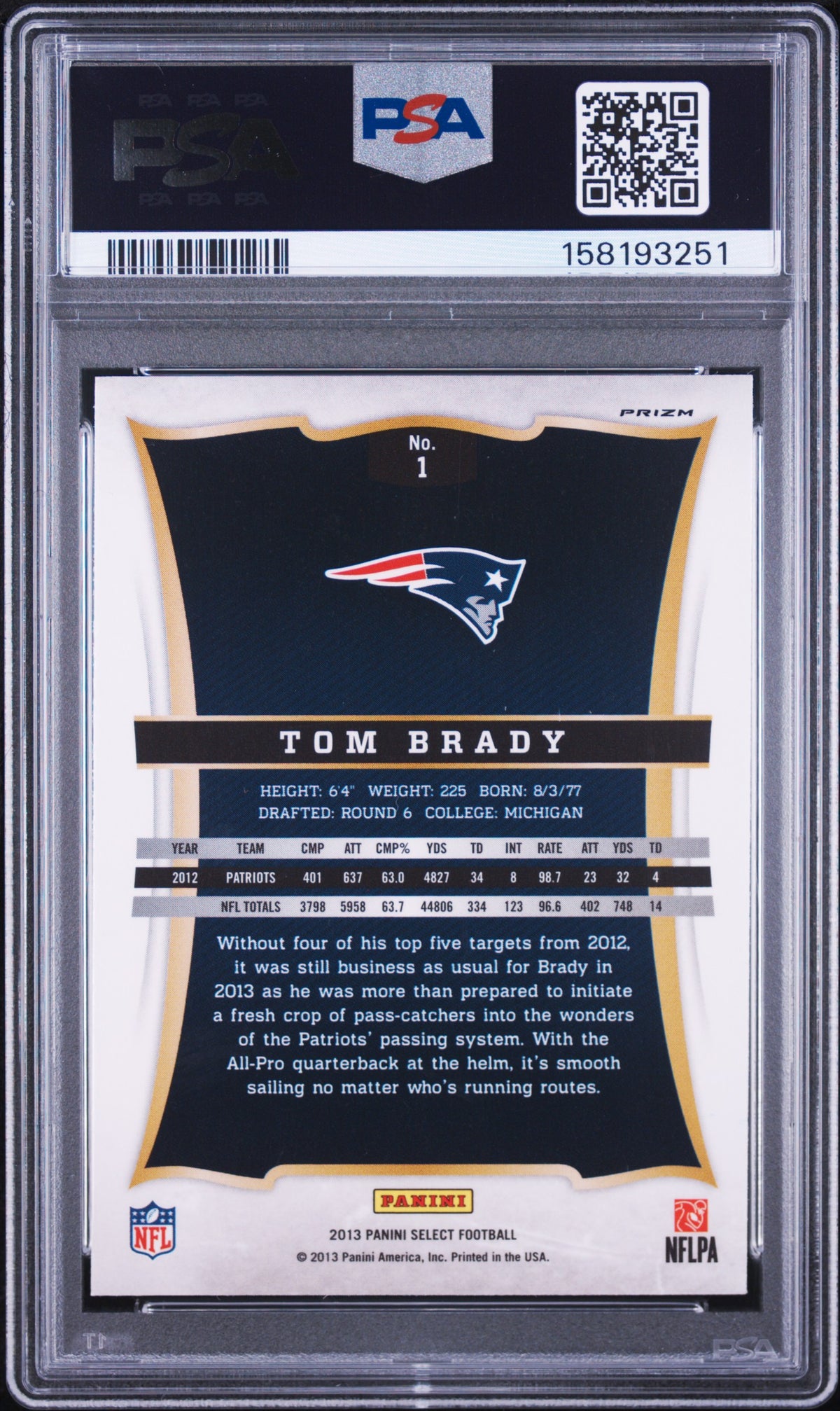 2013 Panini Select Tom Brady #1 Prizm PSA 9