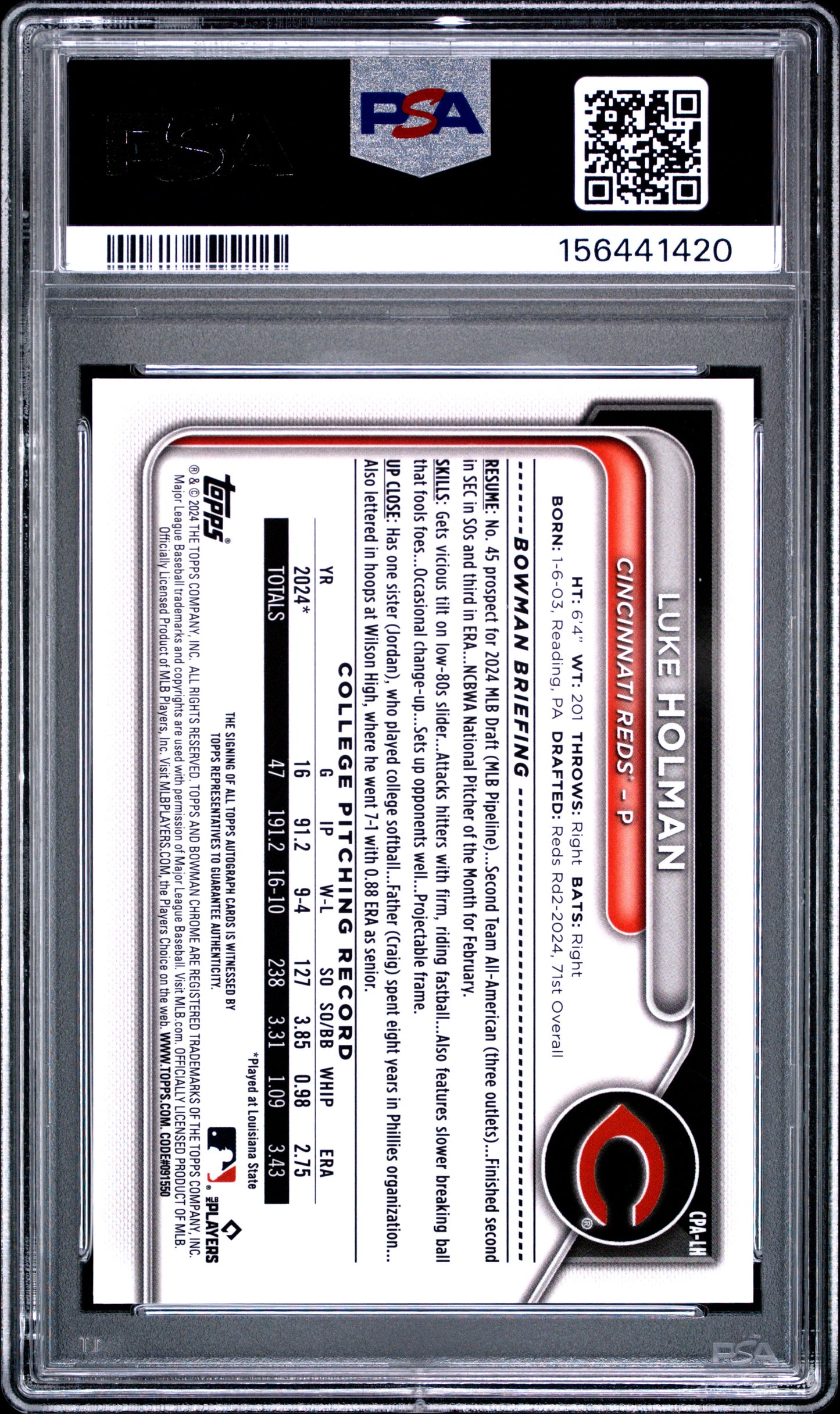 2024 Bowman Draft Chrome Prospect Autos Luke Holman #LH Green Lava 42/99 PSA 10