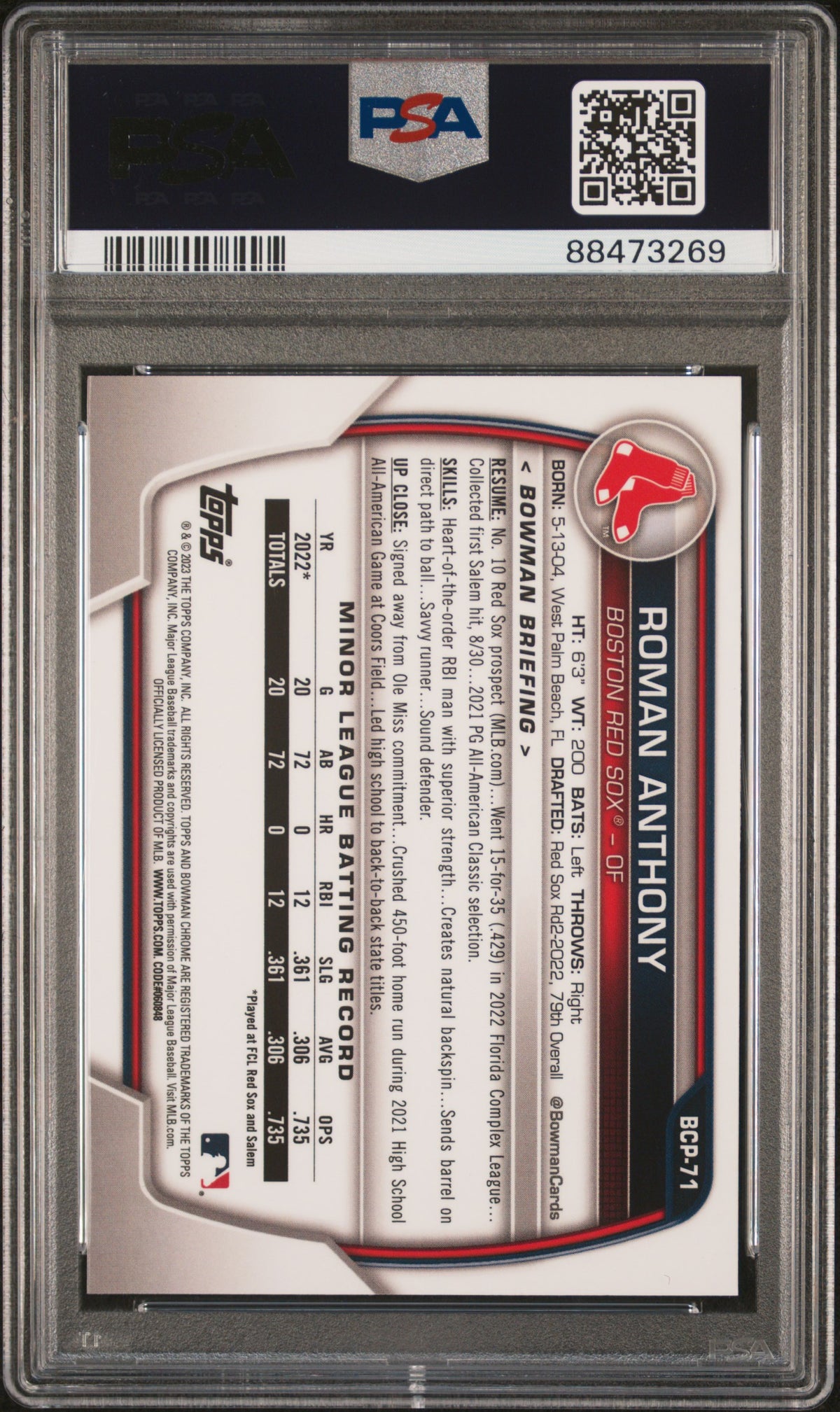 2023 Bowman Sapphire Edition Chrome Prospects Roman Anthony #BCP71 PSA 9