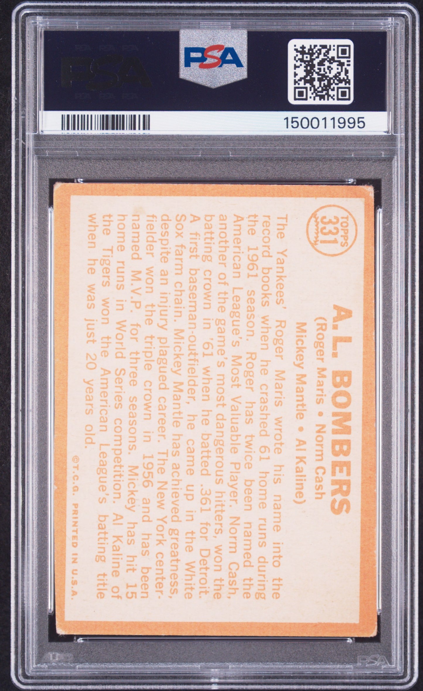 1964 Topps A. L. Bombers #331 Maris Cash Mantle Kaline PSA 3