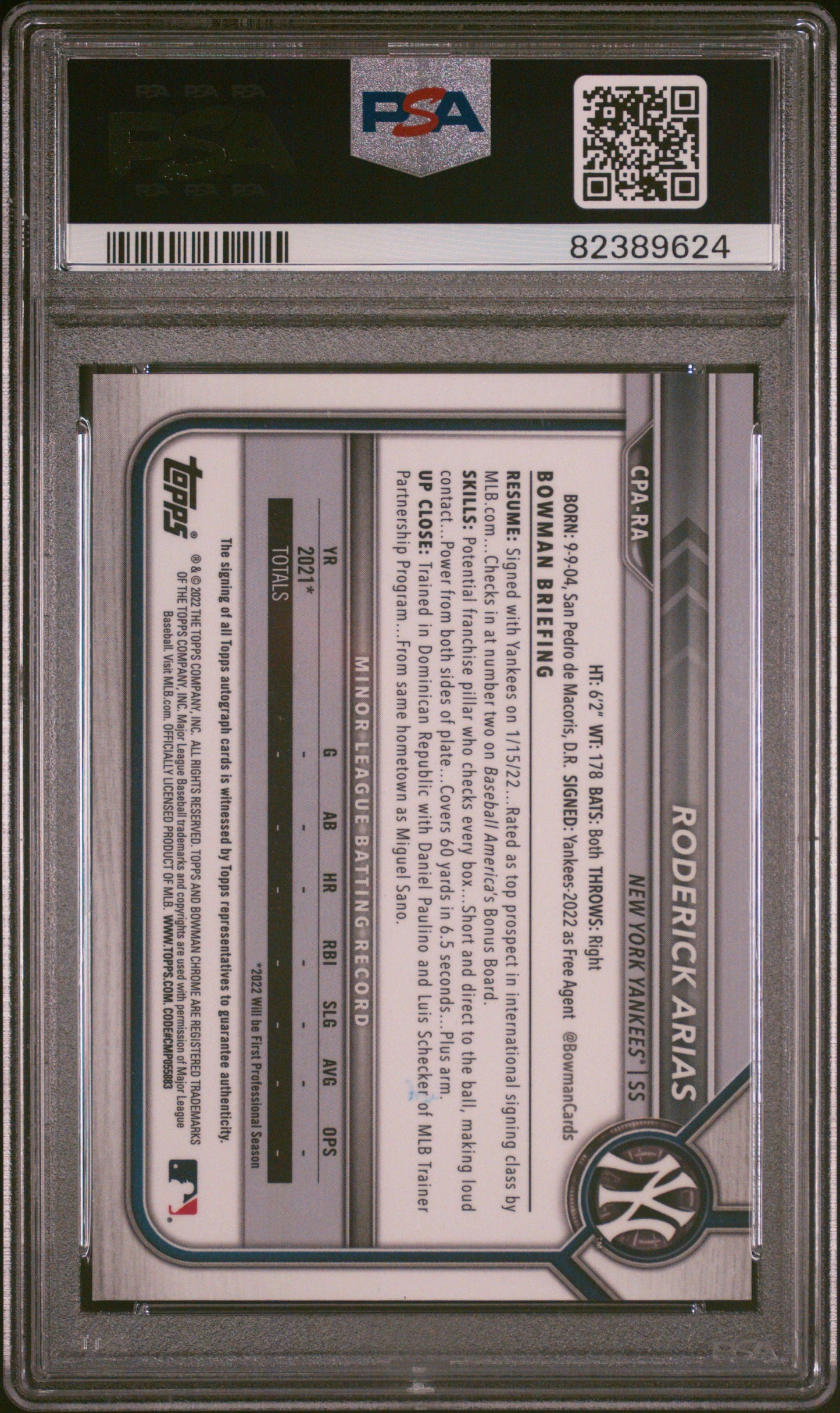 2022 Bowman Chrome Prospect Autographs Roderick Arias #CPA-RA PSA 10