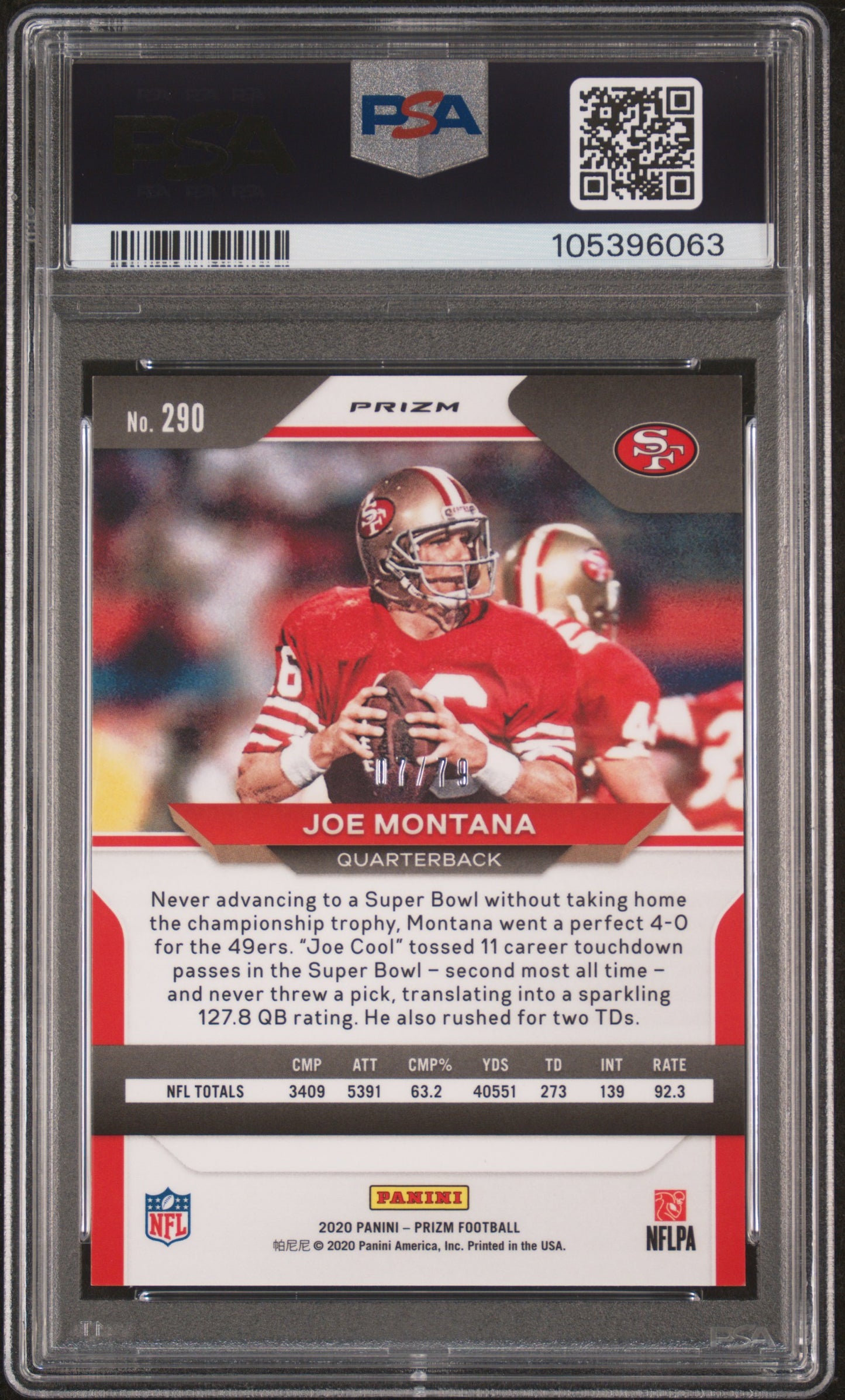 2020 Panini Prizm Joe Montana #290 No Huddle Blue 07/79 PSA 10