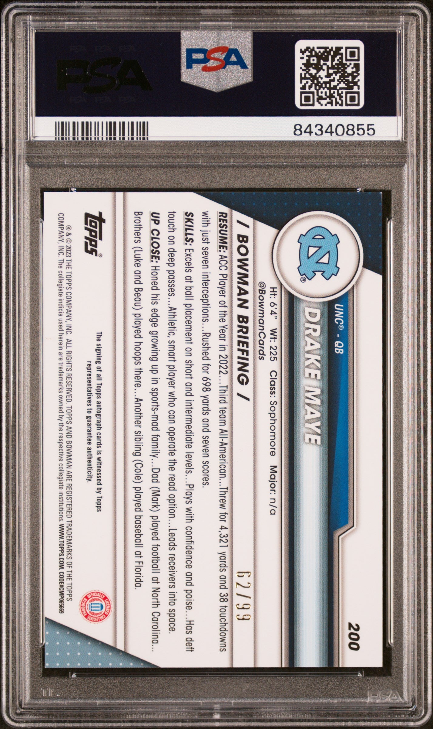2023 Bowman University Chrome Drake Maye #200 Autograph Green Ref. 62/99 PSA 10