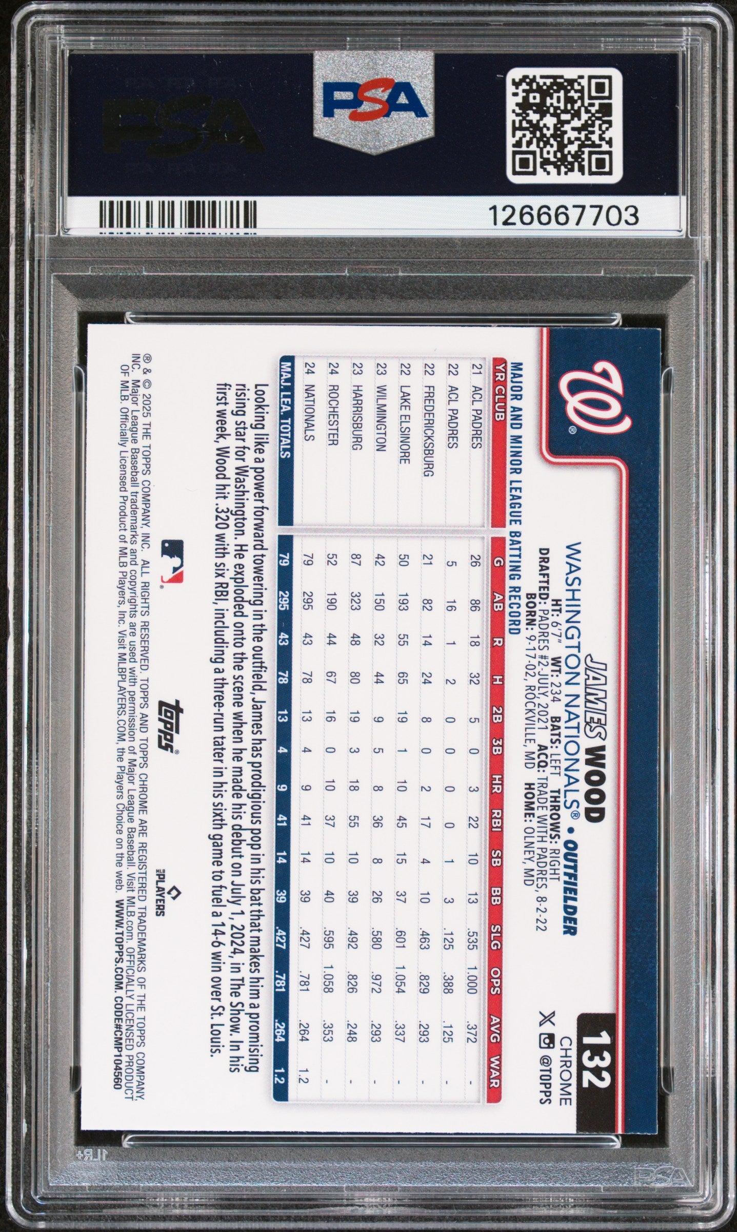 2025 Topps Chrome James Wood #132 Variation PSA 9