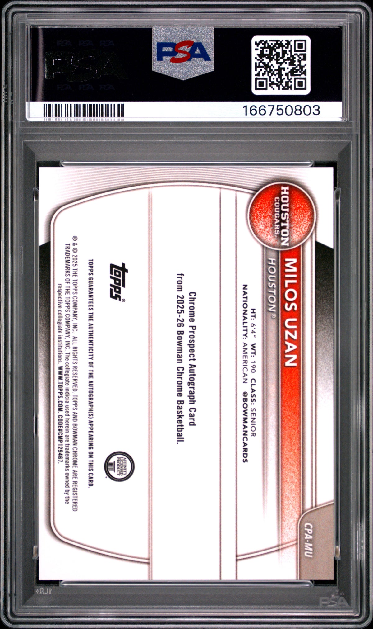 2025 Bowman Chrome Prospect Autograph Milos Uzan #CPA-MU Orange Ref 05/25 PSA 10