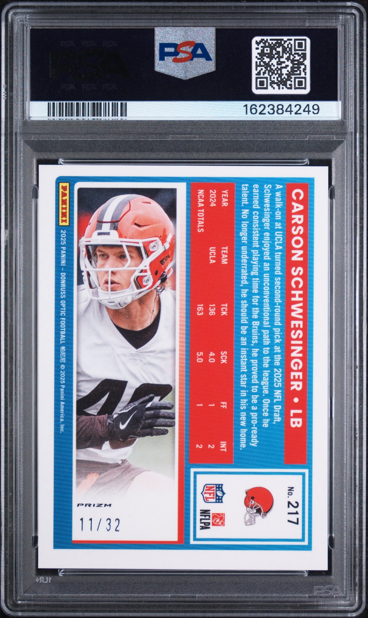 2025 Donruss Optic Rated Rookie Carson Schwesinger #217 Team Logo 11/32 PSA 9