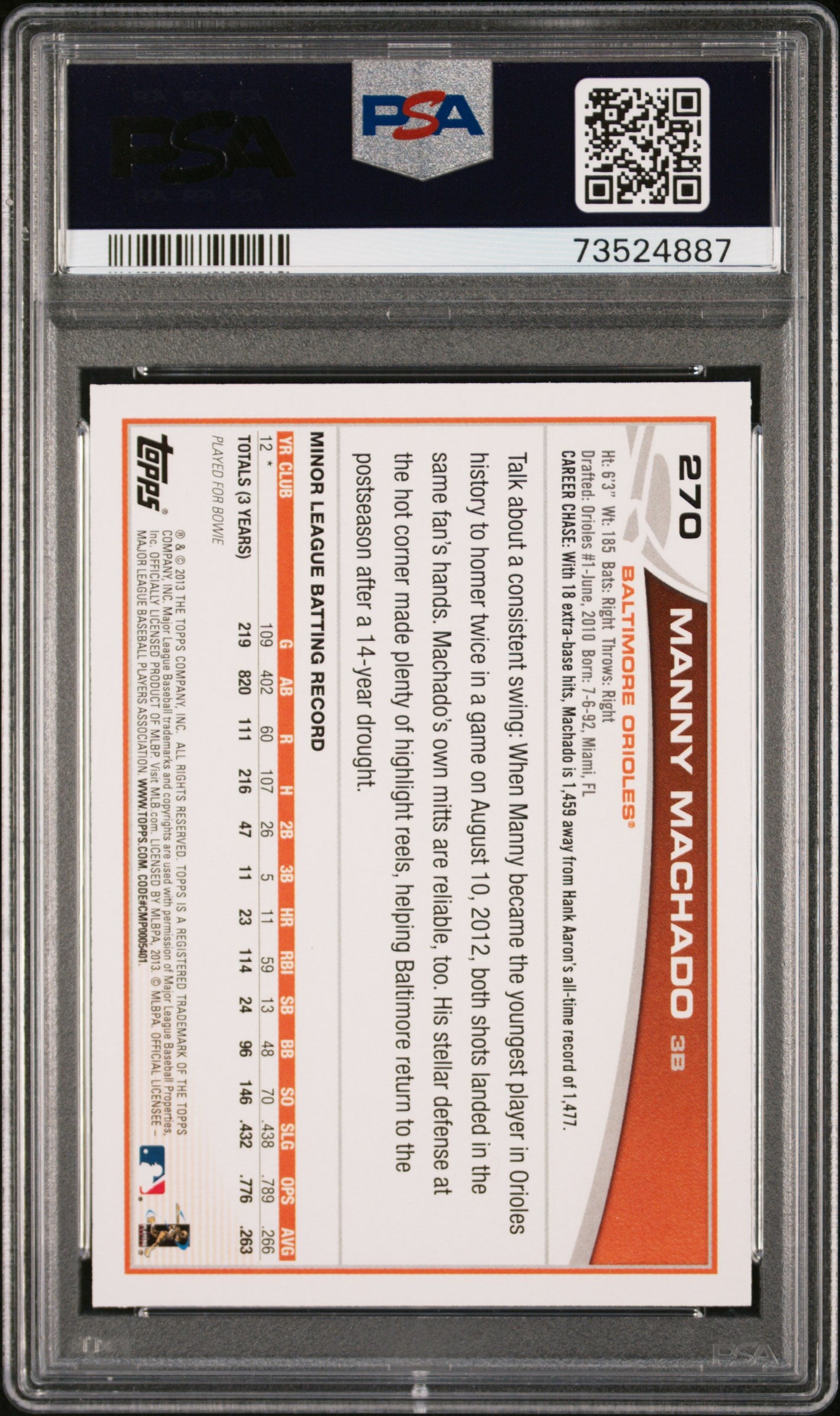 2013 Topps Manny Machado #270 Batting RC PSA 10