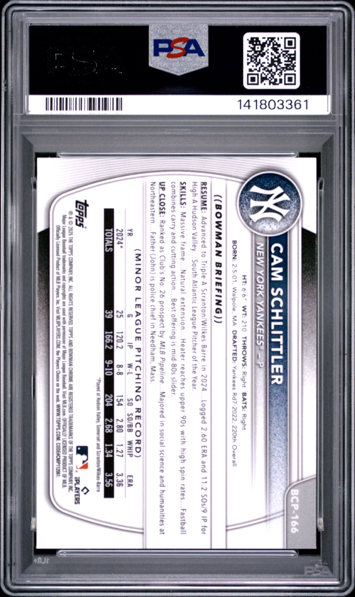 2025 Bowman Chrome Prospects Cam Schlittler #166 Purple Shimmer 002/250 PSA 10