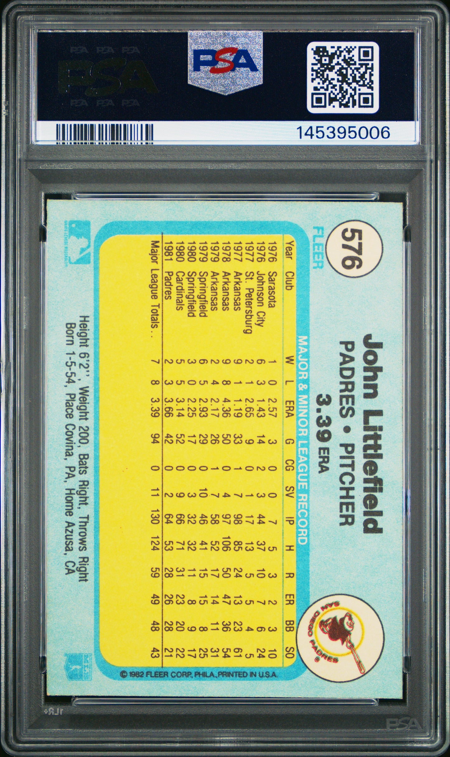 1982 Fleer John Littlefield #576 Pitching Lefty PSA 8