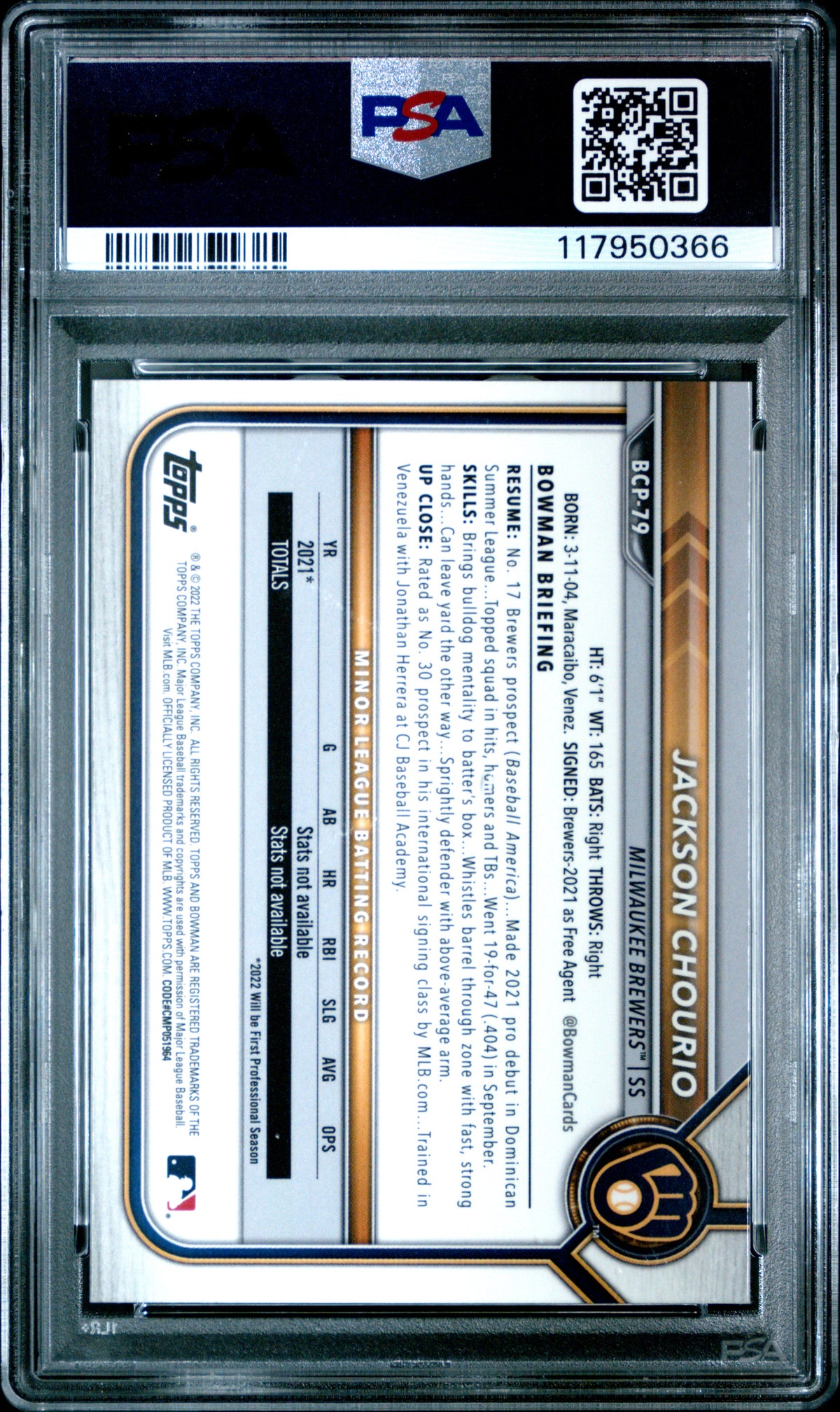 2022 Bowman Sapphire Edition Chrome Prospects Jackson Chourio #BCP79 PSA 9