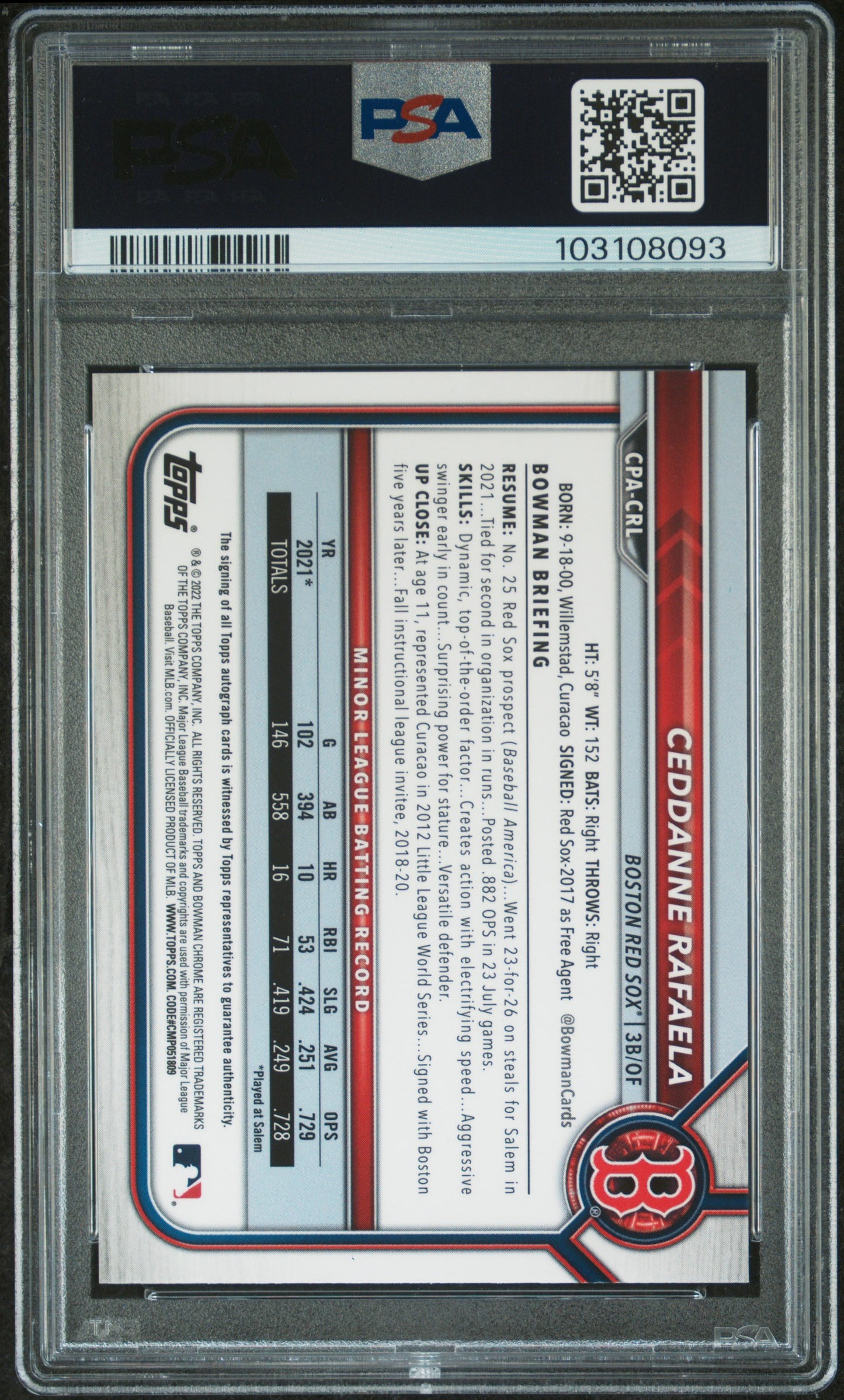 2022 Bowman Chrome Prospect Autos Ceddanne Rafaela #CRL Speckle 210/299 PSA 10