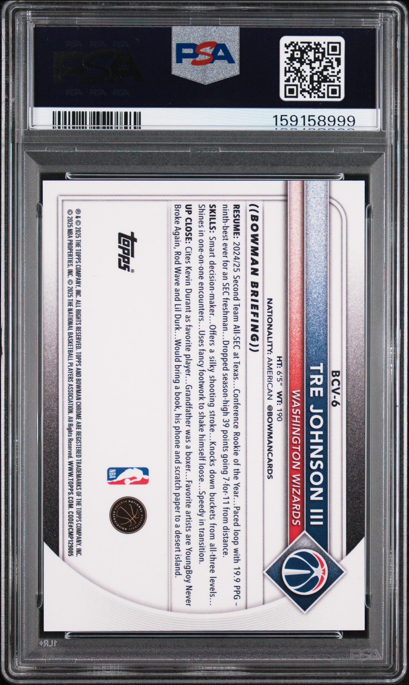 2025 Bowman Chrome Tre Johnson III #BCV-6 Black Geometric RC 10/10 PSA 9